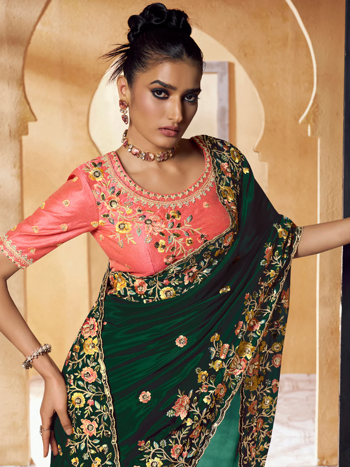 Odette Green Crepe Embroidered Saree with Unstitched Blouse For Women - Image 2