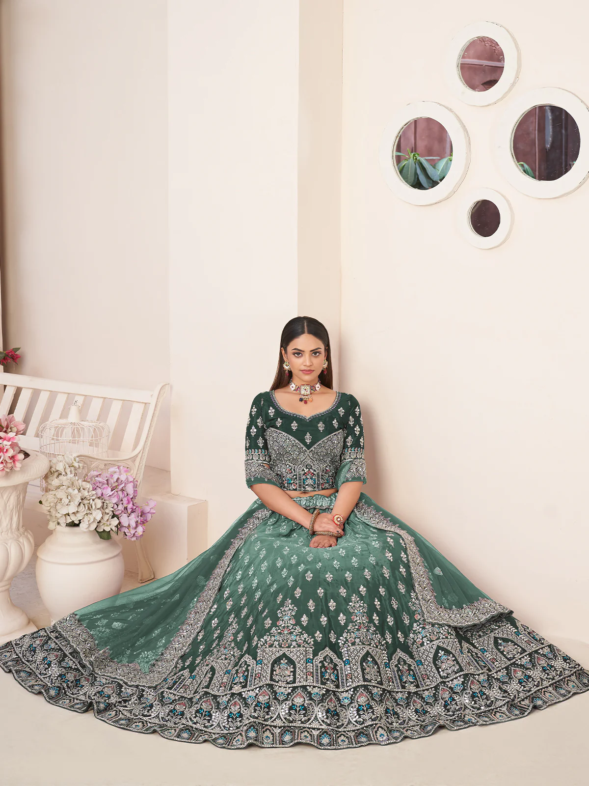 Odette Green Crepe Embroidered Semi Stitched Lehenga With Unstitched Blouse for Women - Image 2