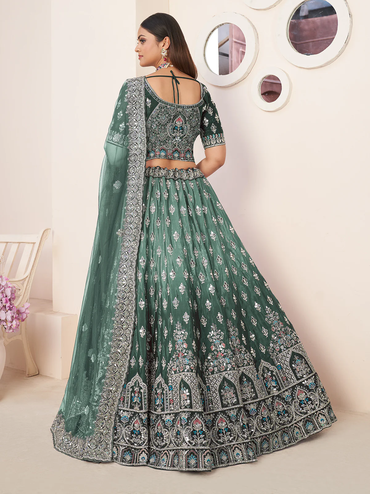Odette Green Crepe Embroidered Semi Stitched Lehenga With Unstitched Blouse for Women - Image 3