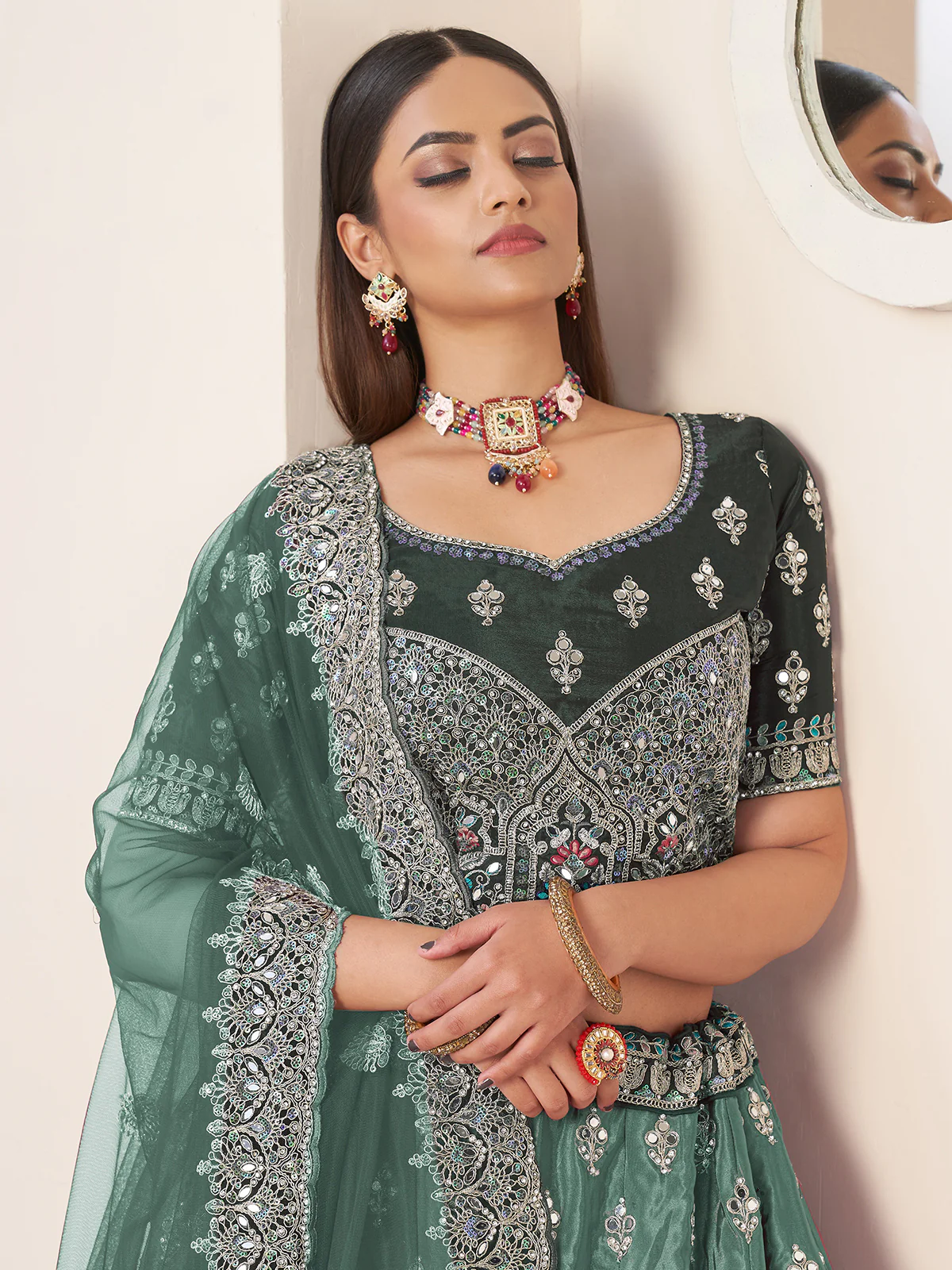Odette Green Crepe Embroidered Semi Stitched Lehenga With Unstitched Blouse for Women - Image 4