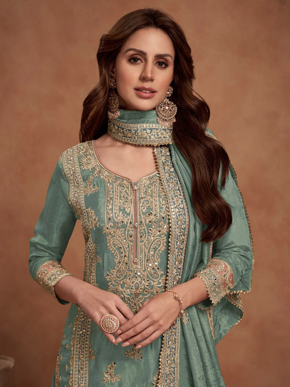 Odette Green Embroided Silk Blend Semi-Stitched Kurta Set For Women - Image 2