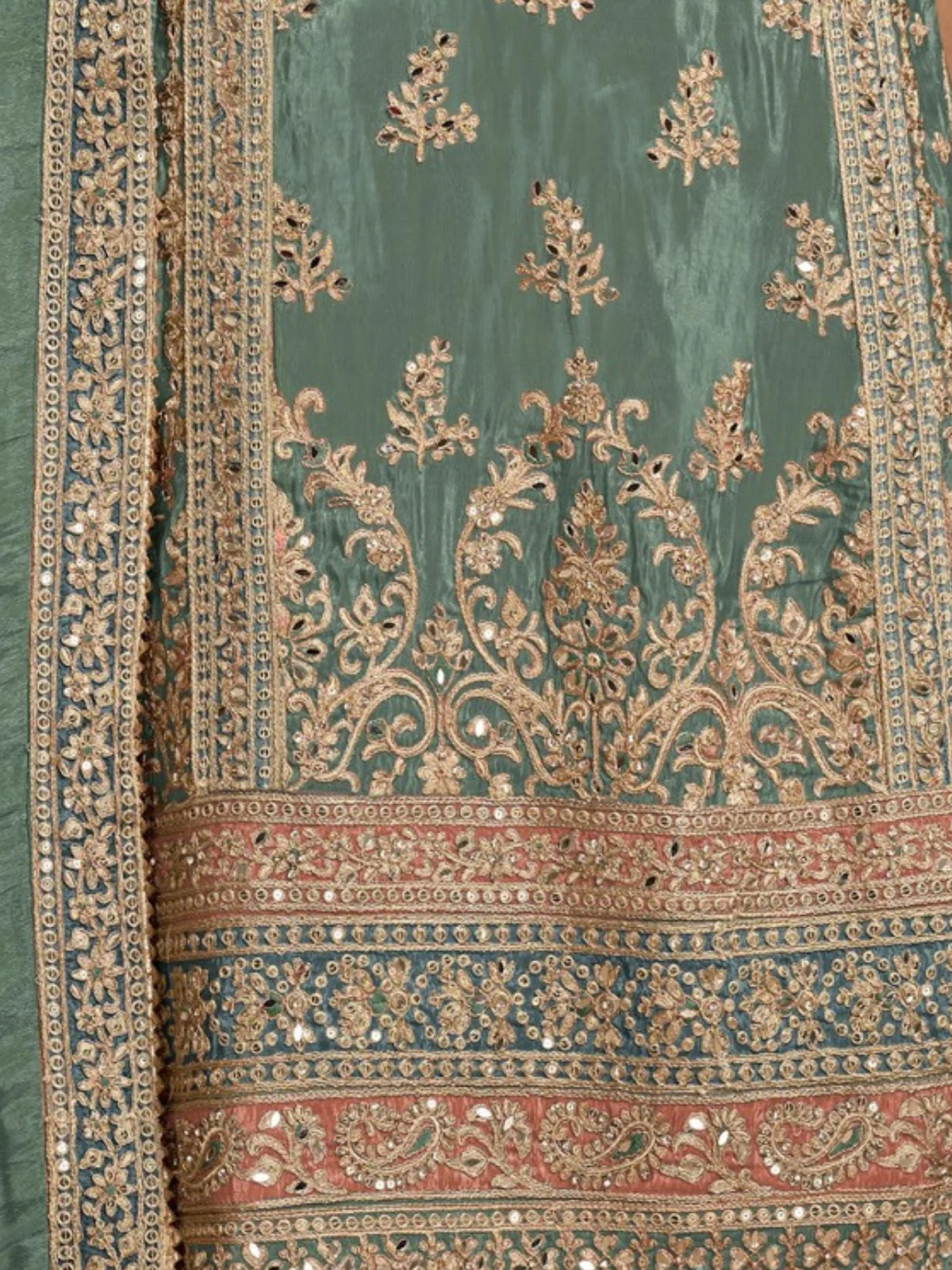 Odette Green Embroided Silk Blend Semi-Stitched Kurta Set For Women - Image 3