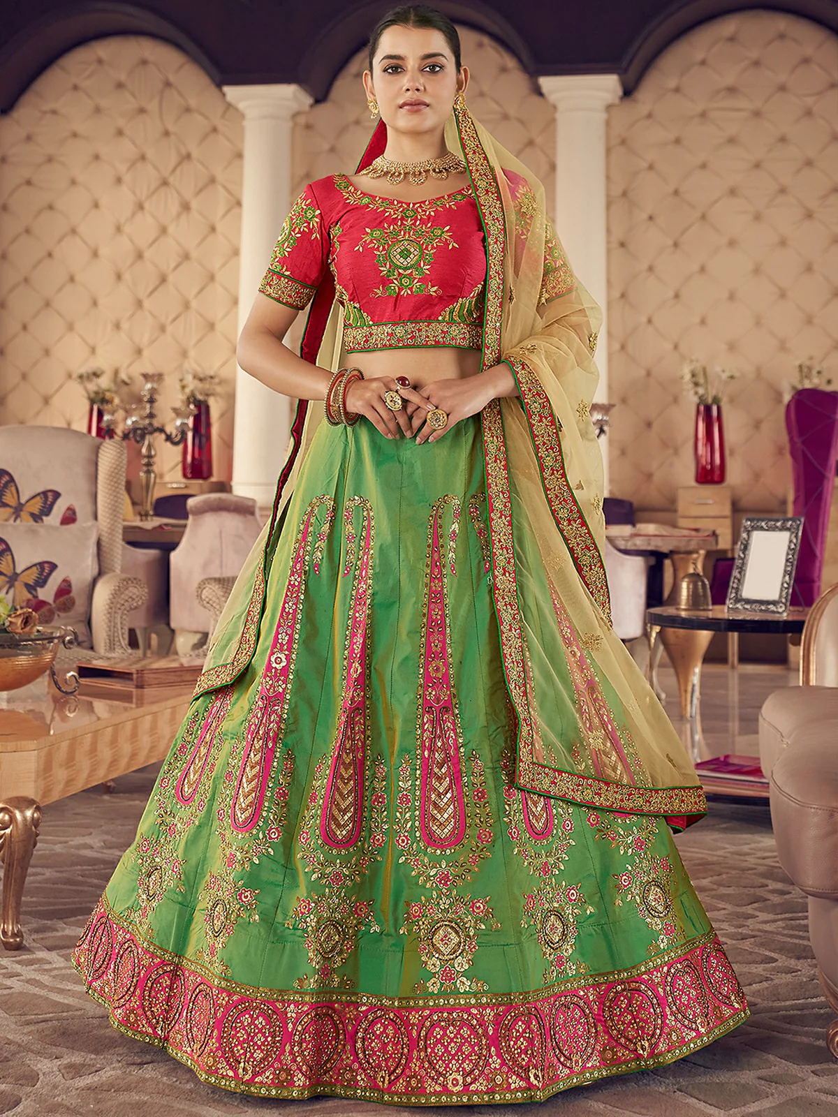 Odette Green Embroidered Art Silk Semi Stitched Lehenga With Blouse For Women - Image 2