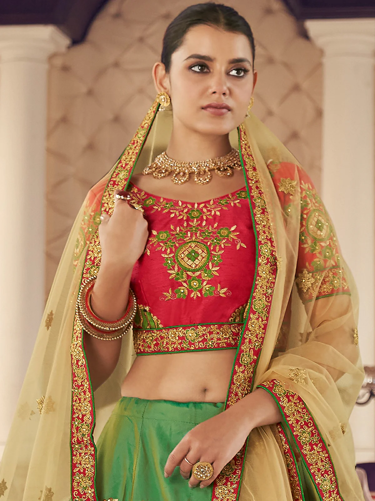 Odette Green Embroidered Art Silk Semi Stitched Lehenga With Blouse For Women - Image 3