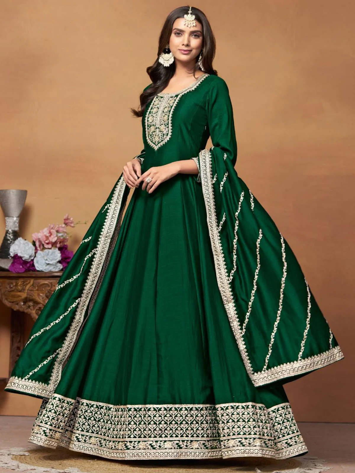 Odette Green Embroidered Art Silk Unstitched Gown For Women - Image 2