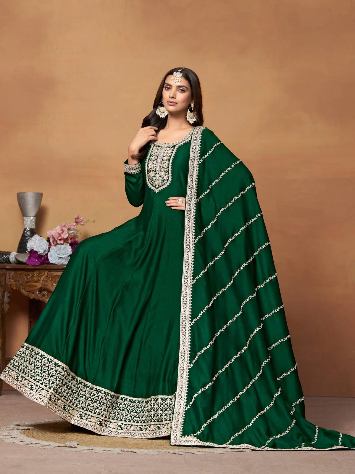 Odette Green Embroidered Art Silk Unstitched Gown For Women - Image 3