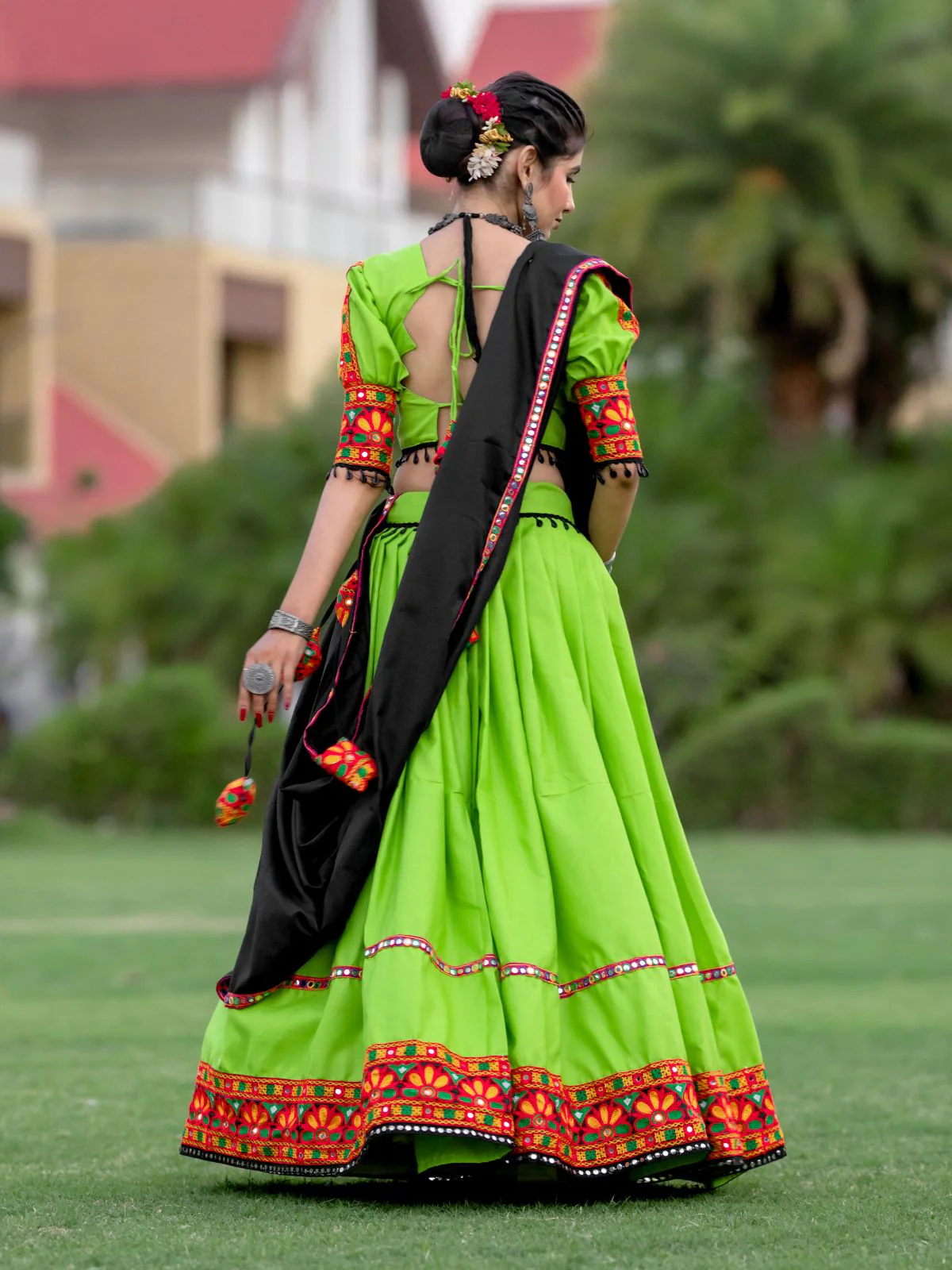 Odette Green Embroidered Cotton Semi Stitched Lehenga With Unstitched Blouse For Women - Image 5
