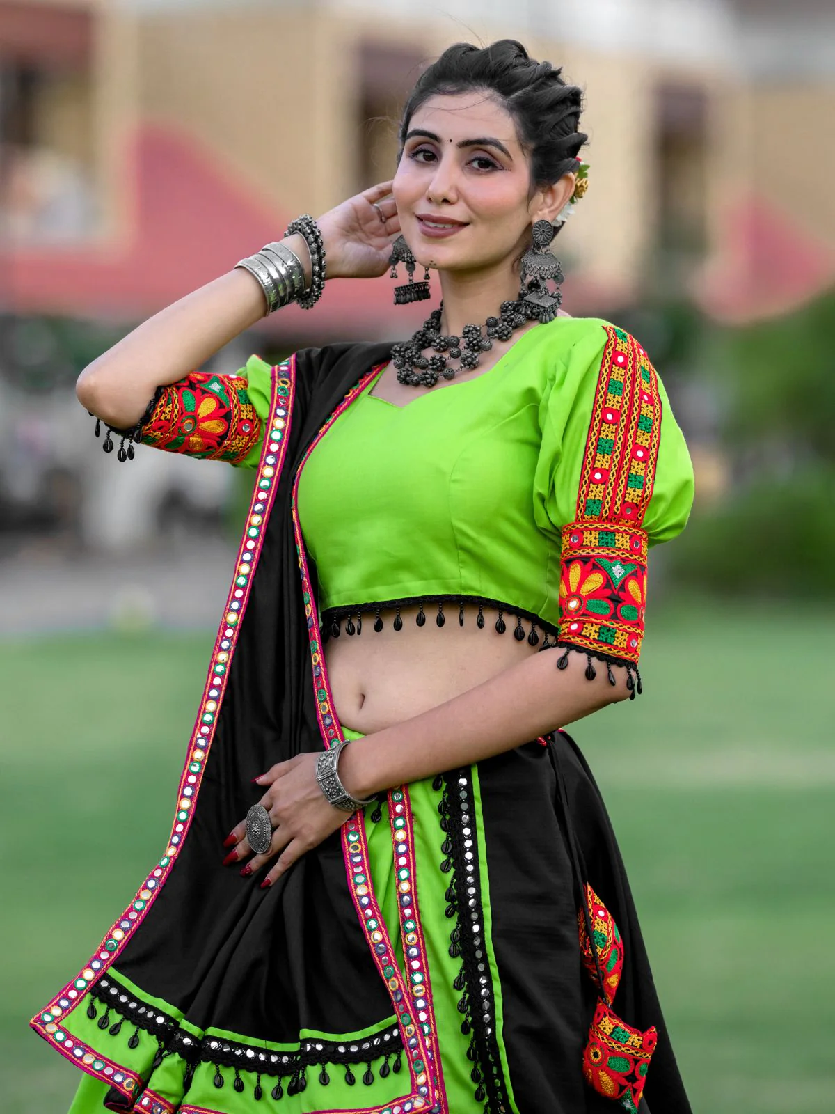 Odette Green Embroidered Cotton Semi Stitched Lehenga With Unstitched Blouse For Women - Image 6