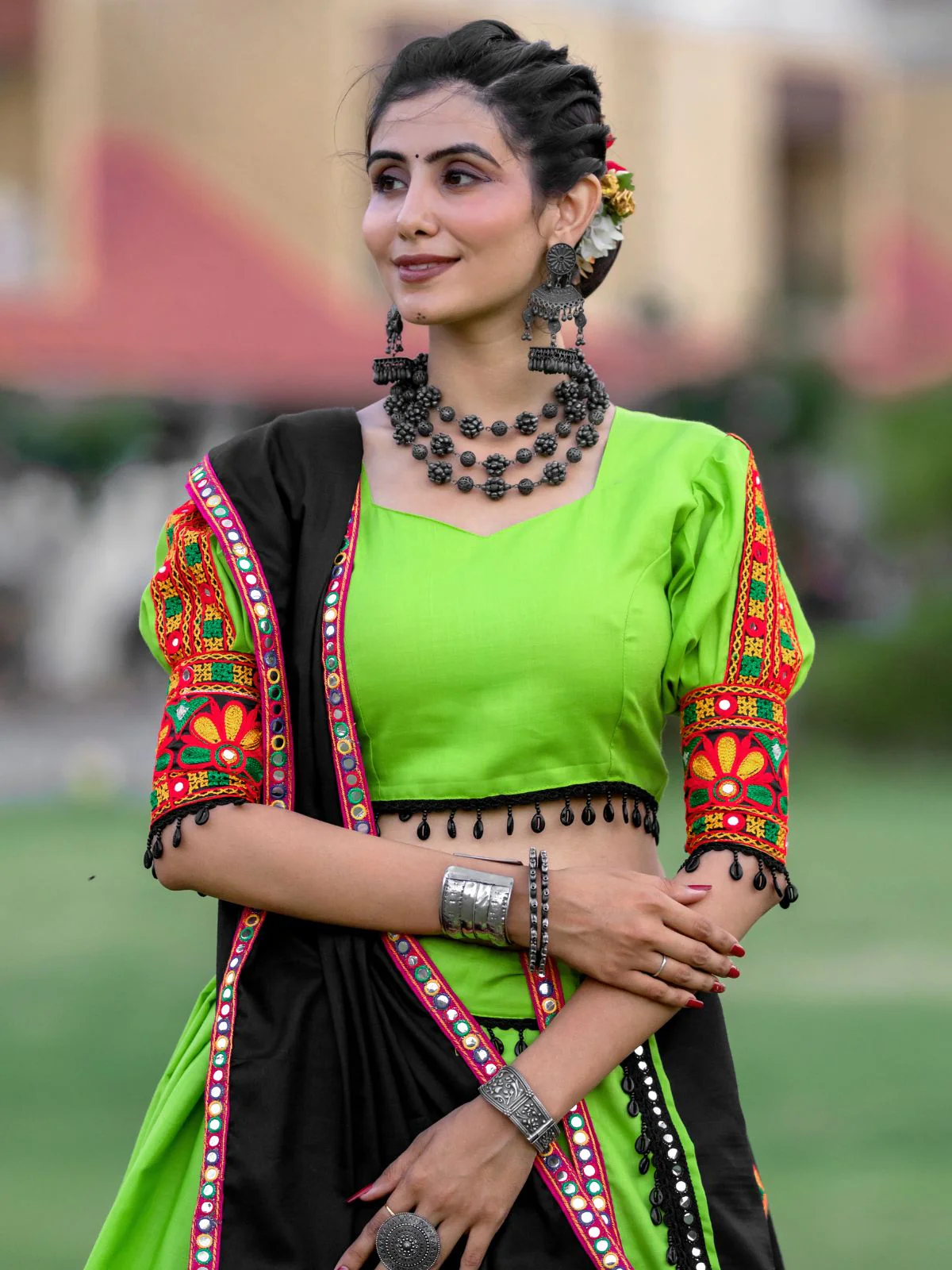 Odette Green Embroidered Cotton Semi Stitched Lehenga With Unstitched Blouse For Women - Image 7