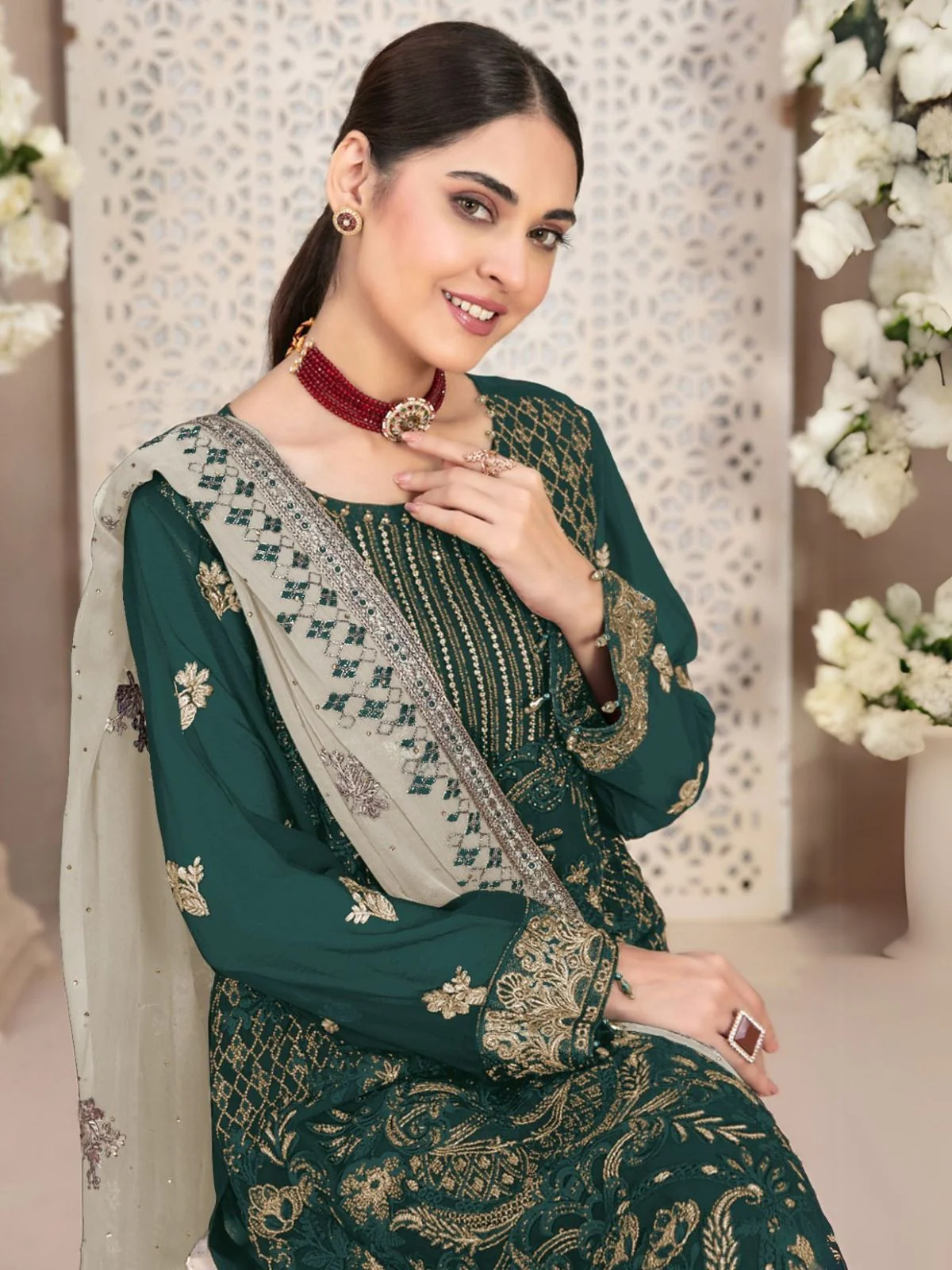 Odette Green Embroidered Georgette Semi-Stitched Kurta Set For Women - Image 2
