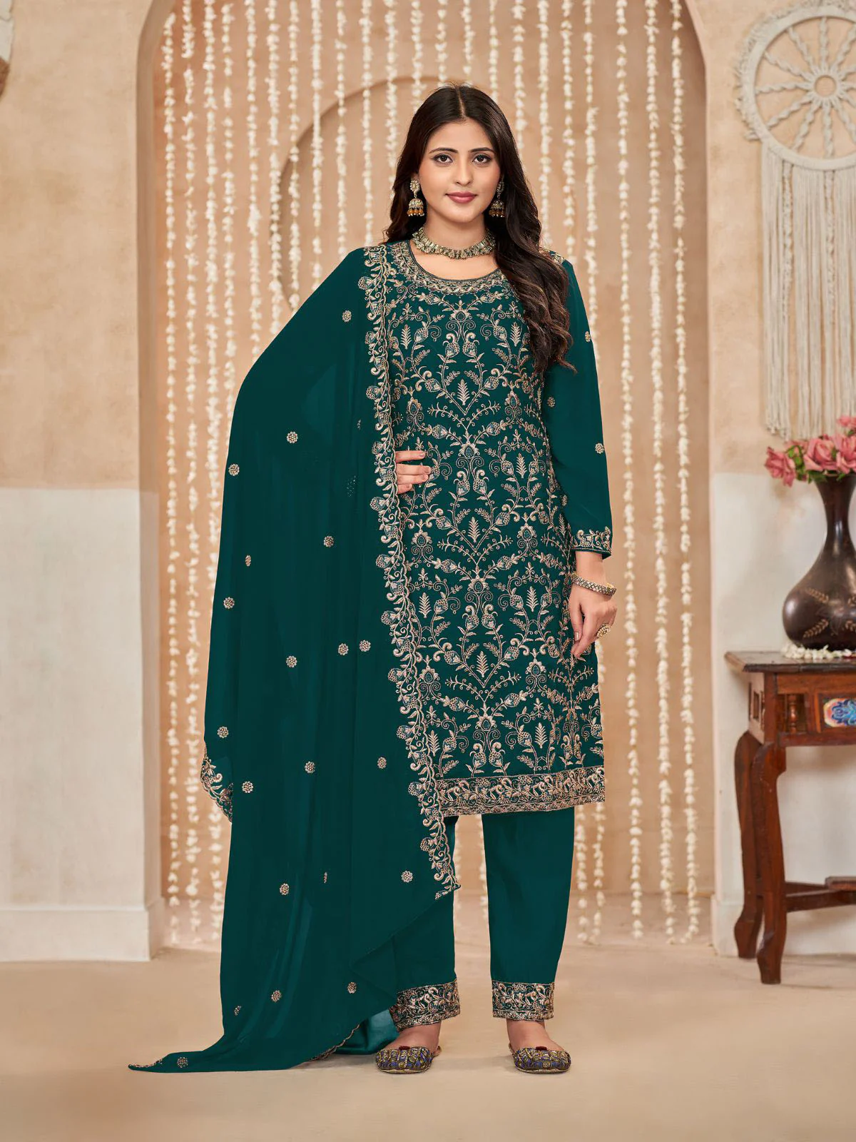Odette Green Embroidered Georgette Semi Stitched Kurta Set With Dupatta For Women