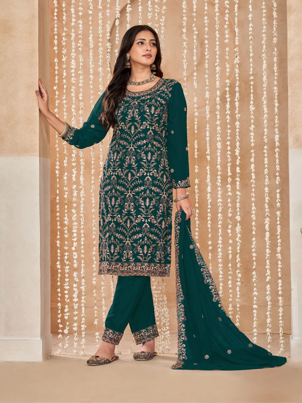 Odette Green Embroidered Georgette Semi Stitched Kurta Set With Dupatta For Women - Image 3