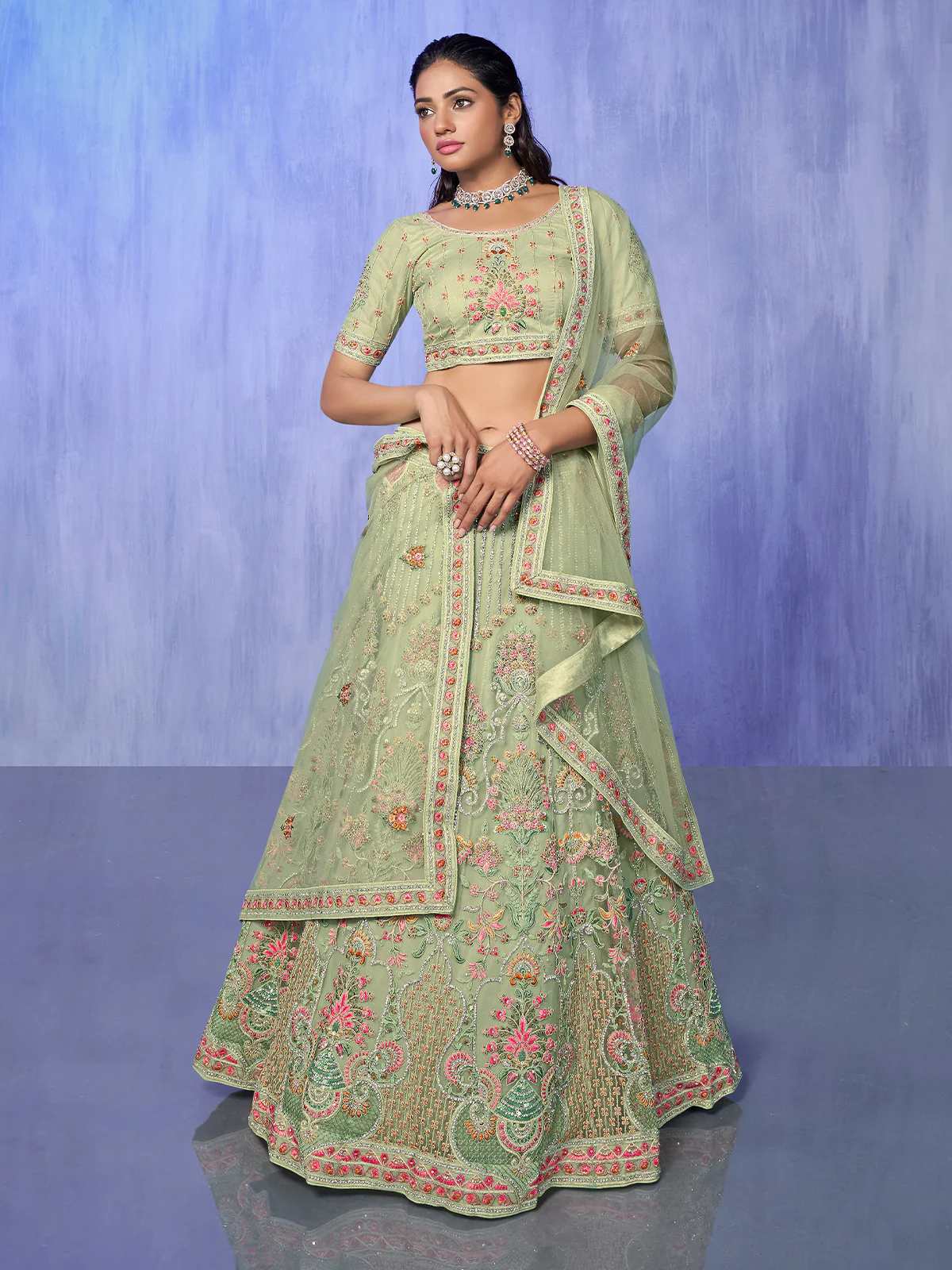Odette Green Embroidered Net Semi Stitched Lehenga With Unstitched Blouse  For Women - Image 2