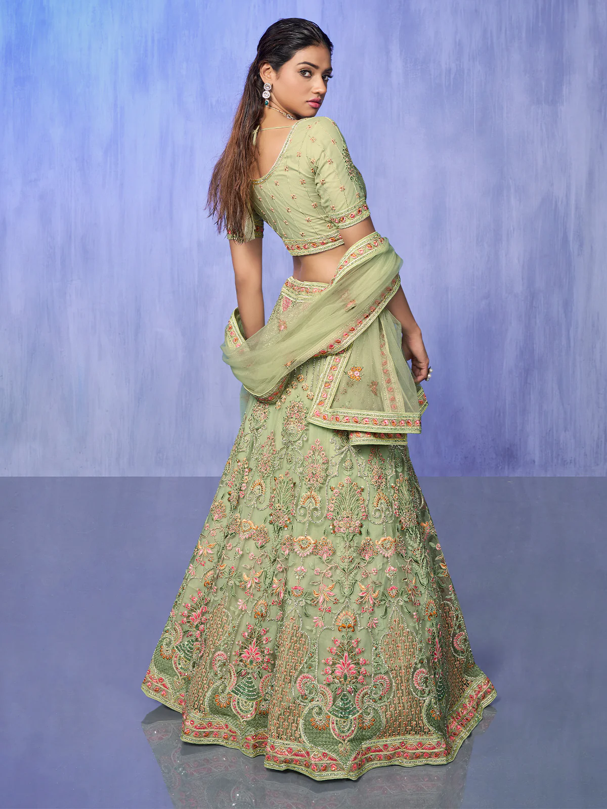 Odette Green Embroidered Net Semi Stitched Lehenga With Unstitched Blouse  For Women - Image 3