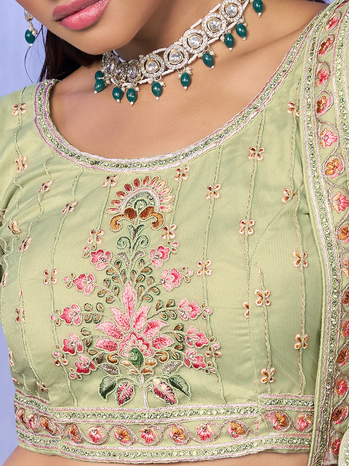 Odette Green Embroidered Net Semi Stitched Lehenga With Unstitched Blouse  For Women - Image 5