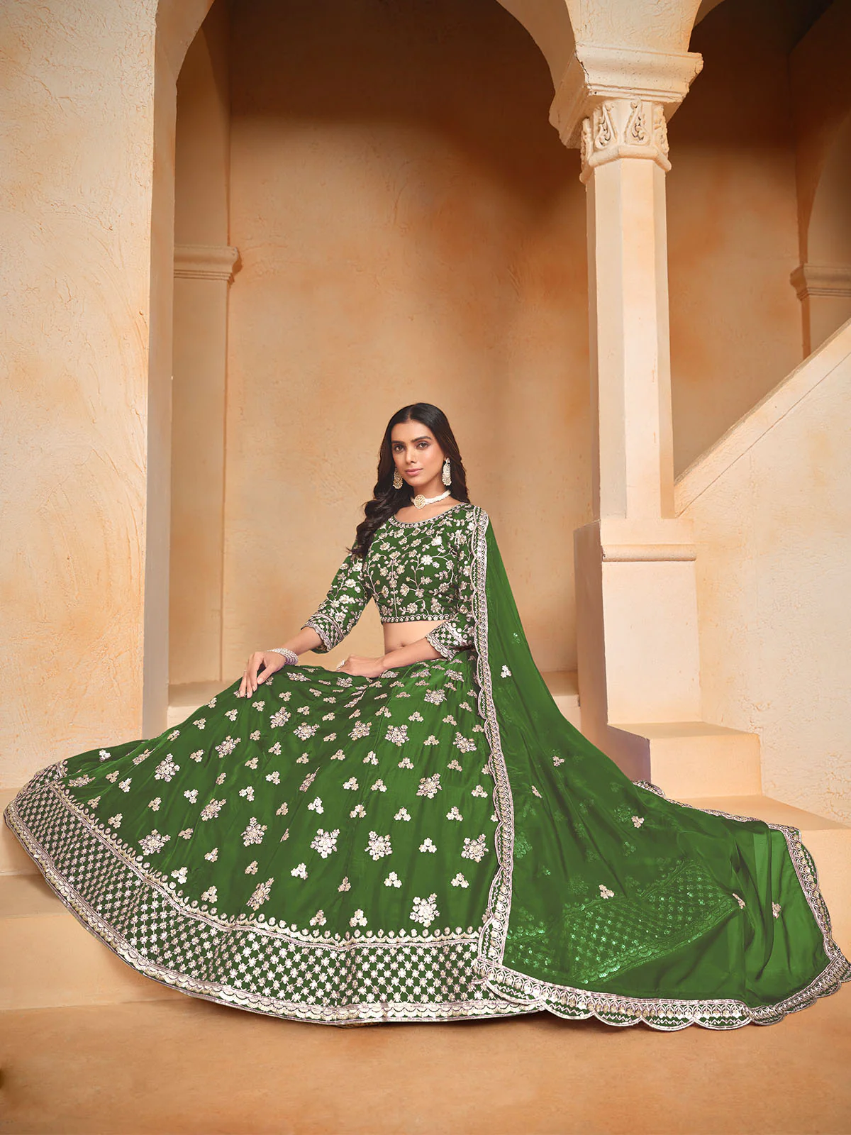 Odette Green Embroidered Organza Semi Stitched Lehenga With Unstitched Blouse For Women - Image 2