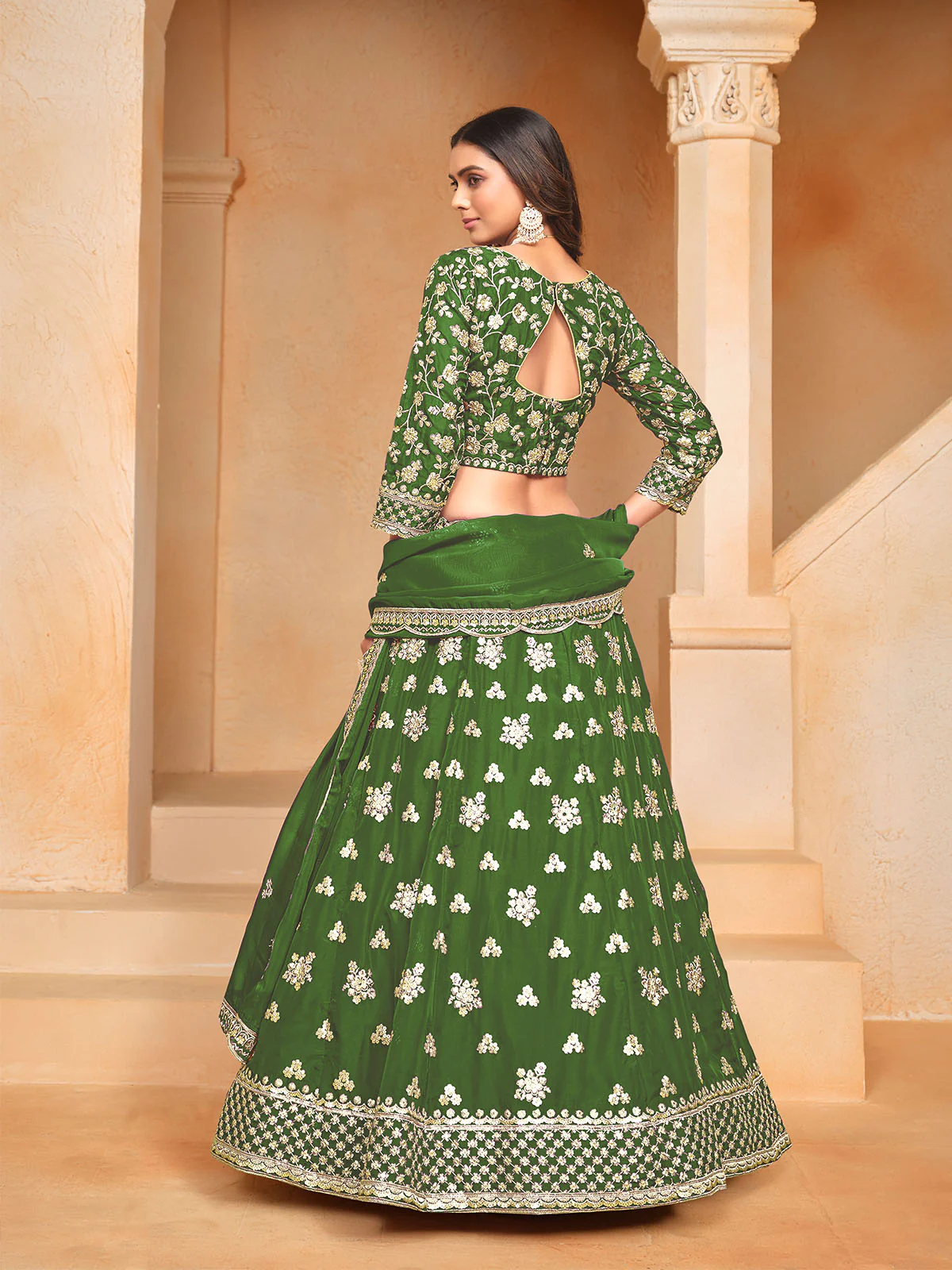 Odette Green Embroidered Organza Semi Stitched Lehenga With Unstitched Blouse For Women - Image 4