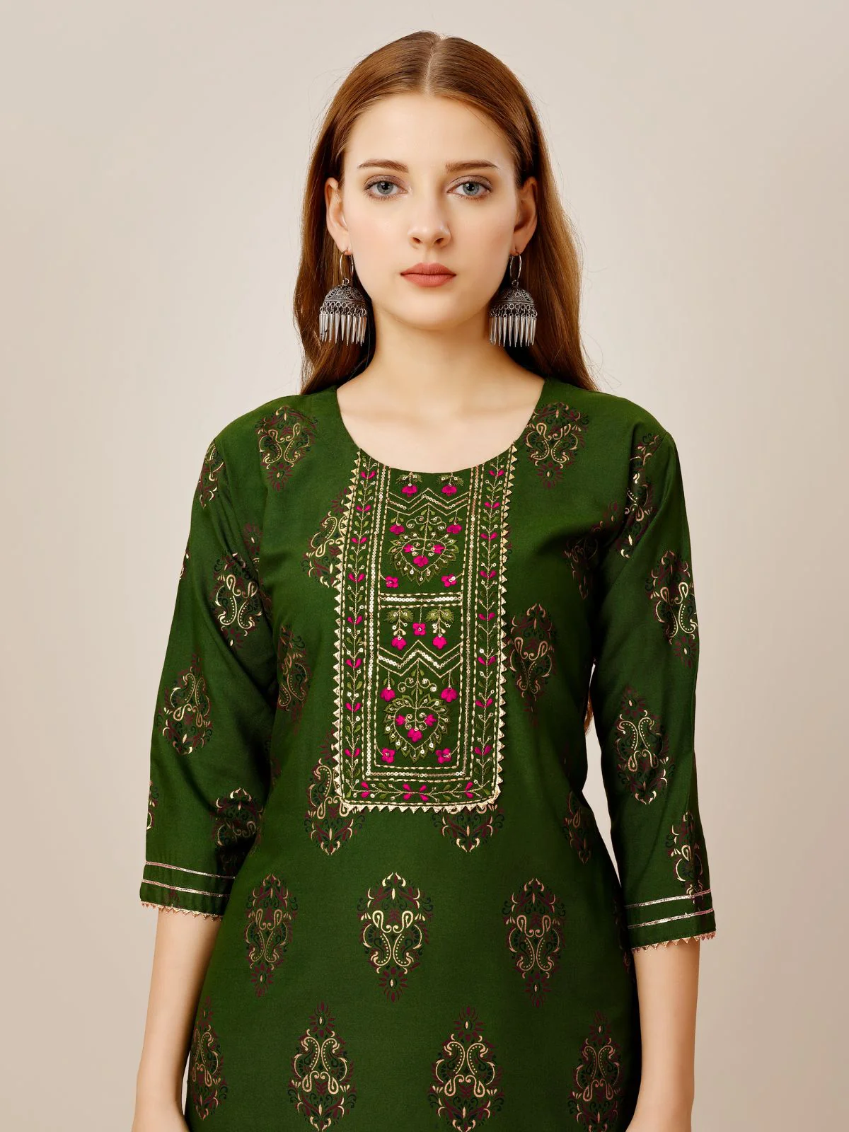 Odette Green Embroidered Rayon Stitched Kurta Set For Women - Image 4