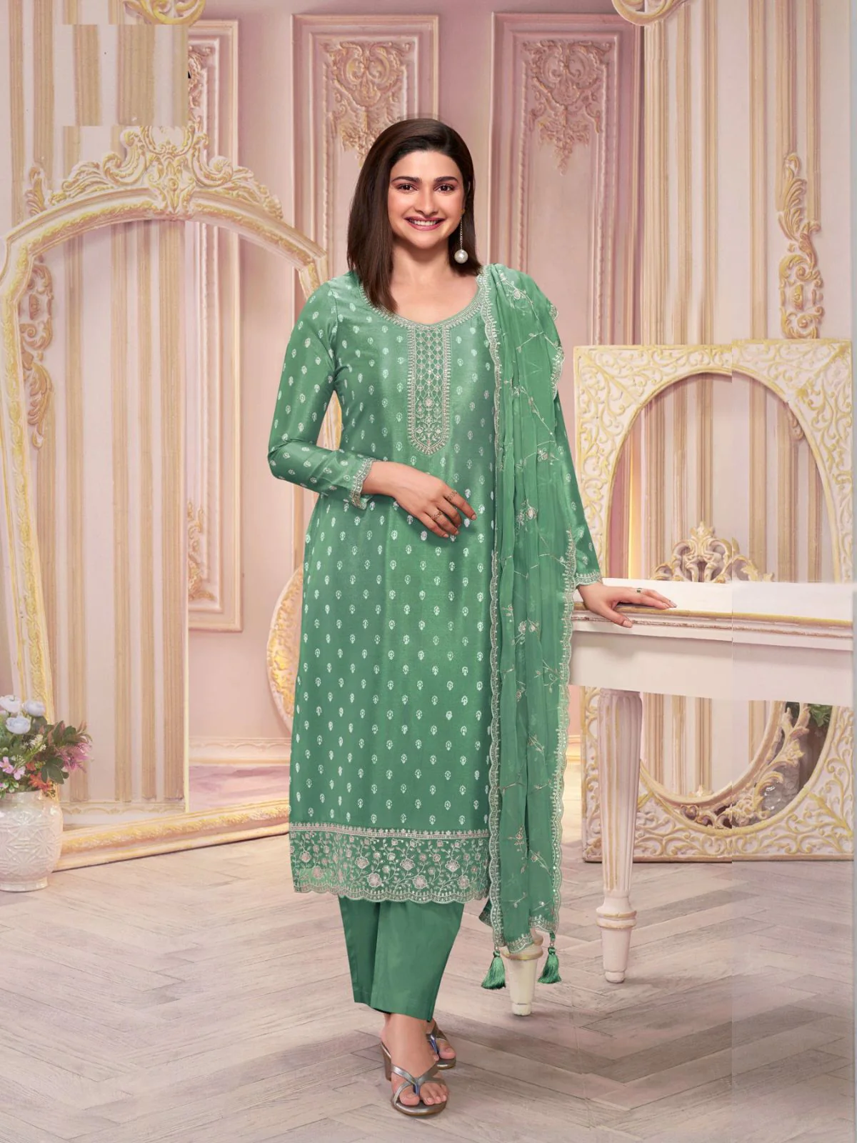 Odette Green Embroidered Silk Blend Semi-Stitched Kurta Set For Women