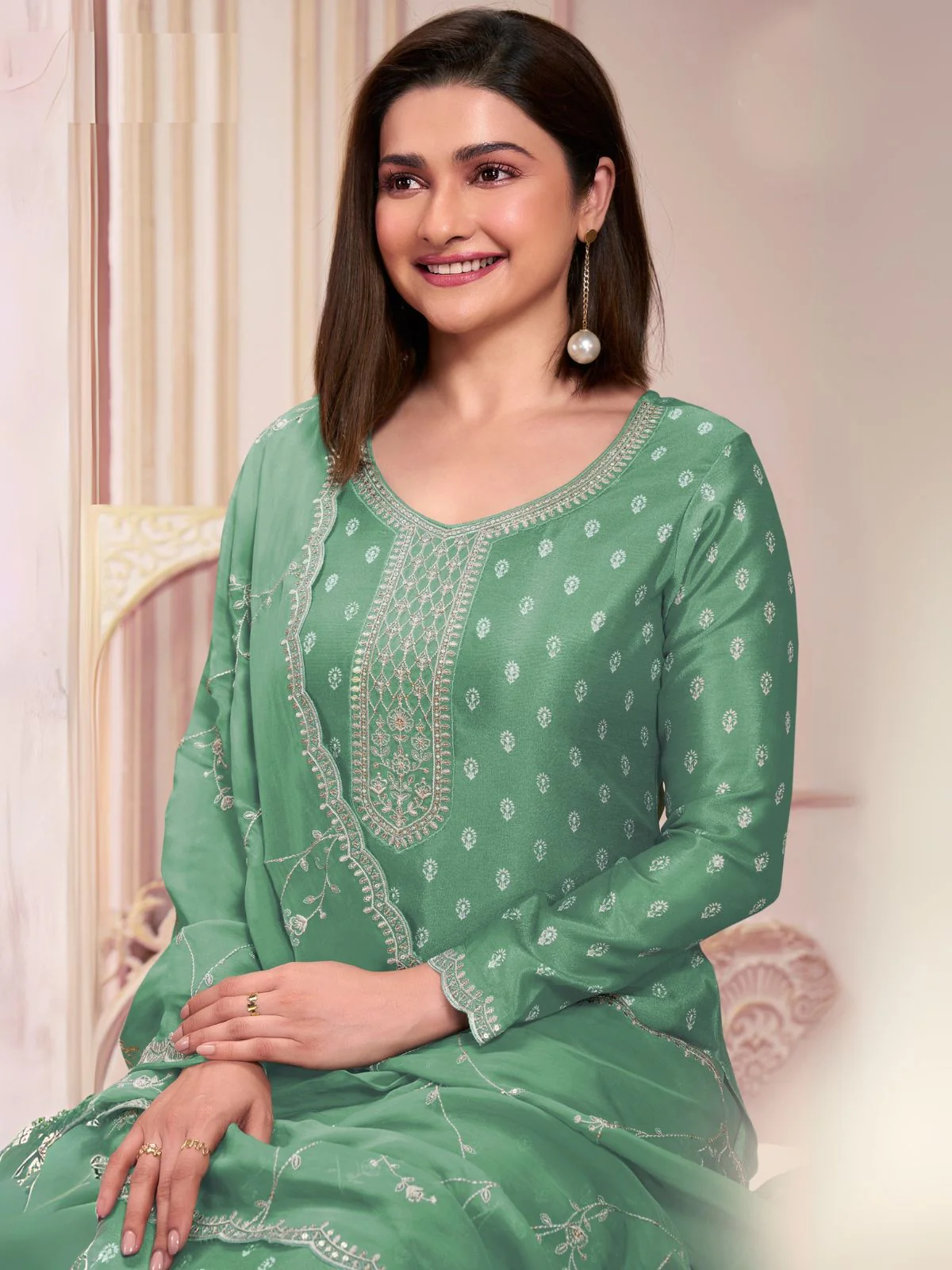 Odette Green Embroidered Silk Blend Semi-Stitched Kurta Set For Women - Image 2