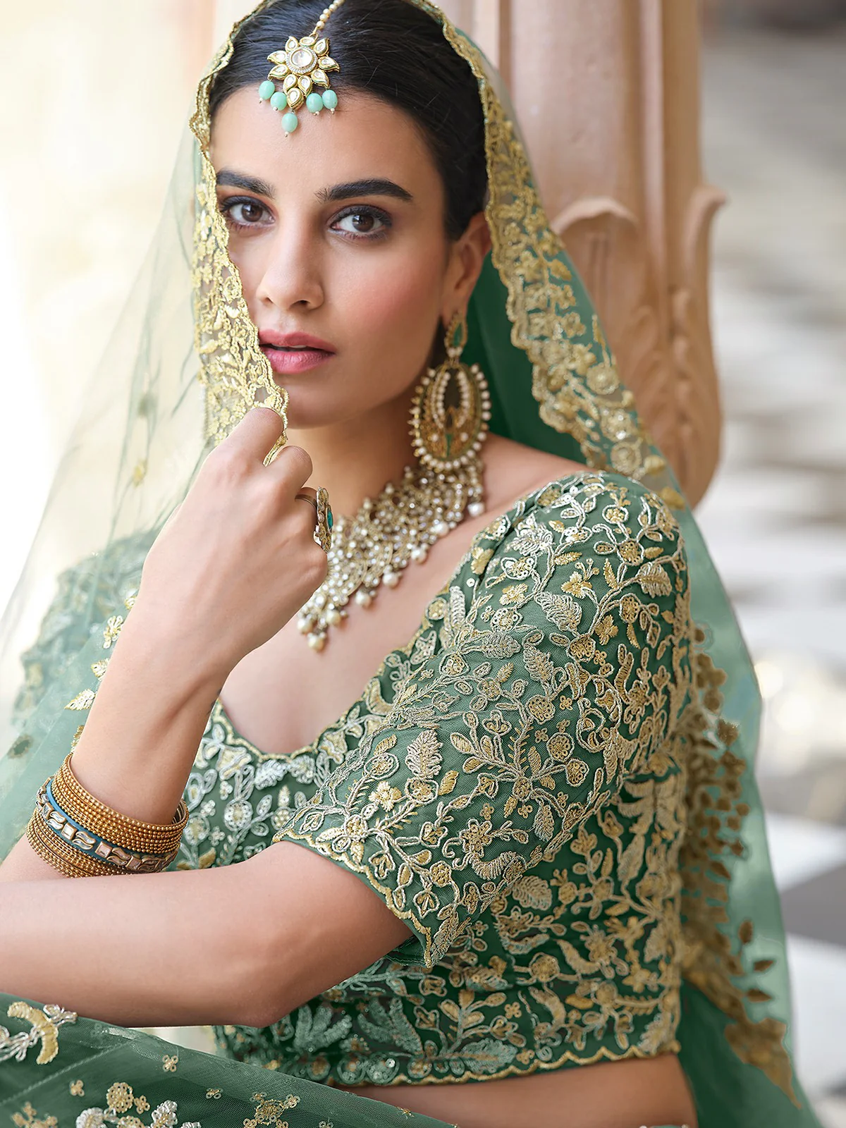 Odette Green Embroidered Soft Net Semi Stitched Lehenga With Blouse For Women - Image 3