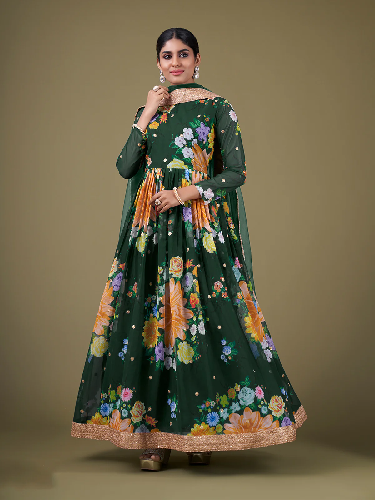 Odette Green Faux Georgette Printed Semi Stitched Anarkali Kurta Set For Women - Image 2