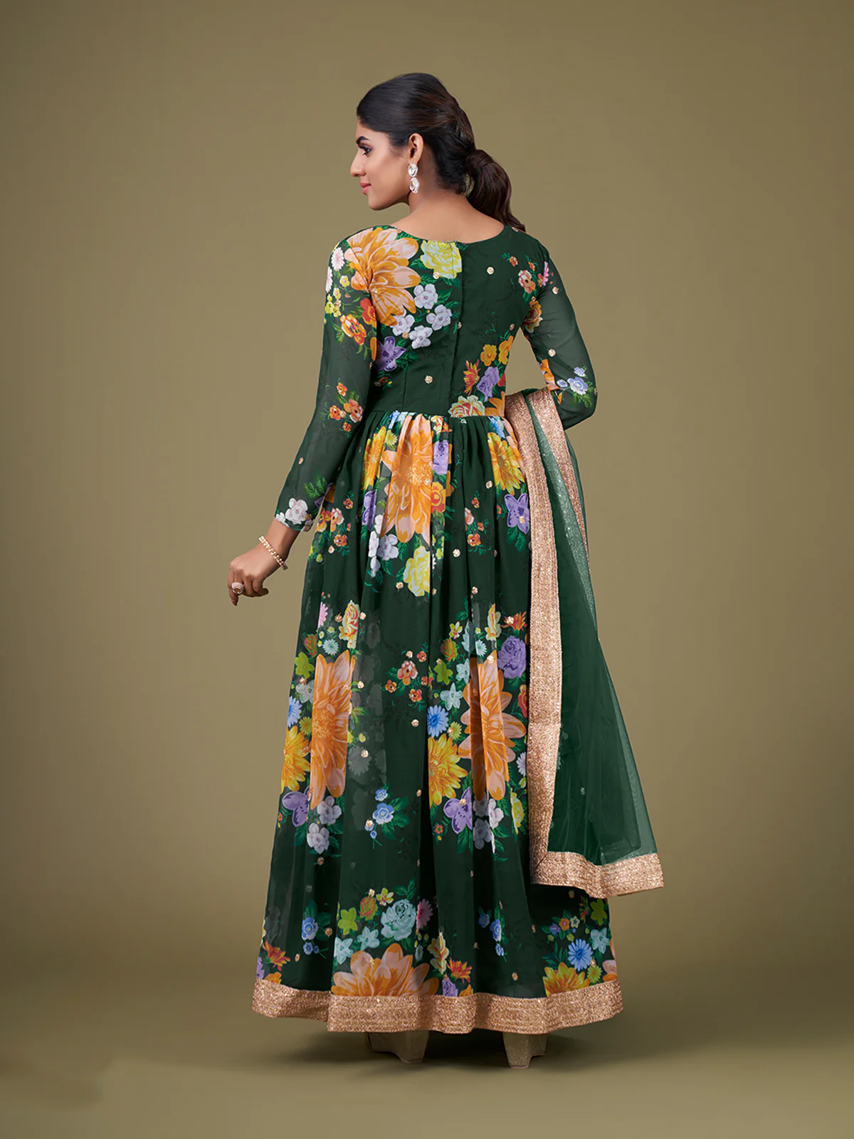 Odette Green Faux Georgette Printed Semi Stitched Anarkali Kurta Set For Women - Image 3