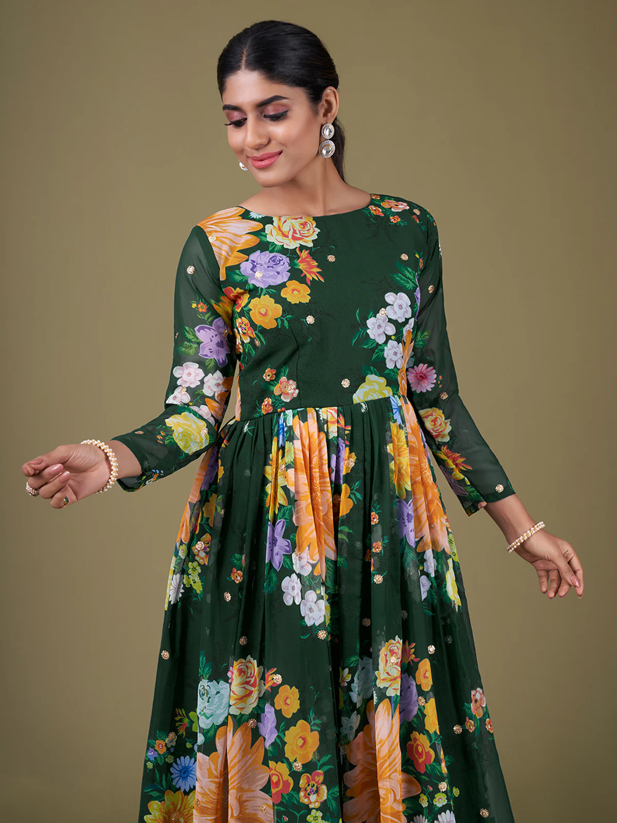 Odette Green Faux Georgette Printed Semi Stitched Anarkali Kurta Set For Women - Image 4