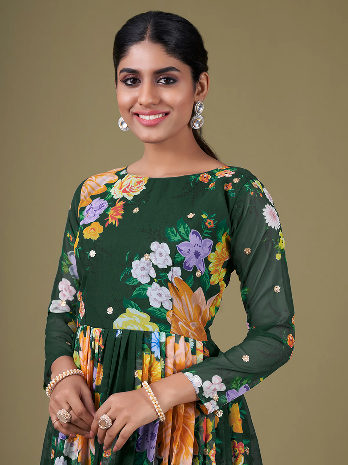 Odette Green Faux Georgette Printed Semi Stitched Anarkali Kurta Set For Women - Image 5