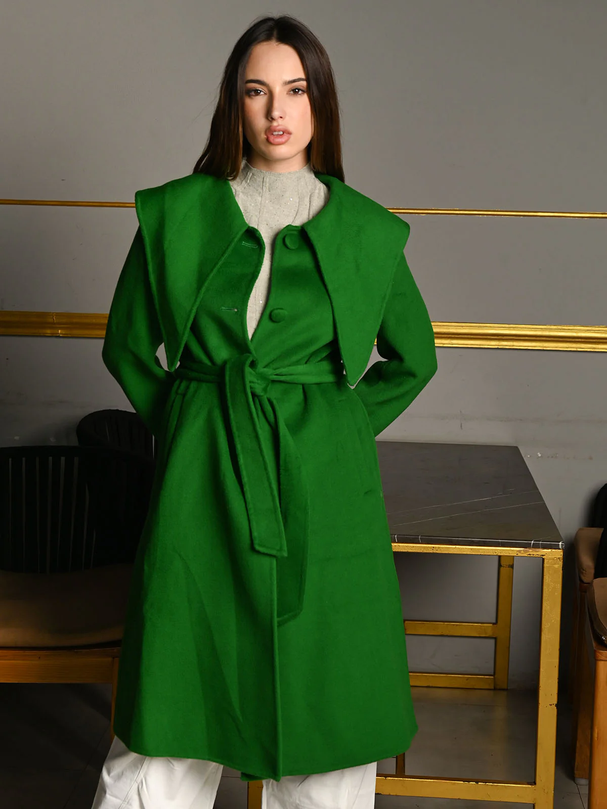 Odette Green Felt Solid Longline Overcoat With Belt For Women - Image 2