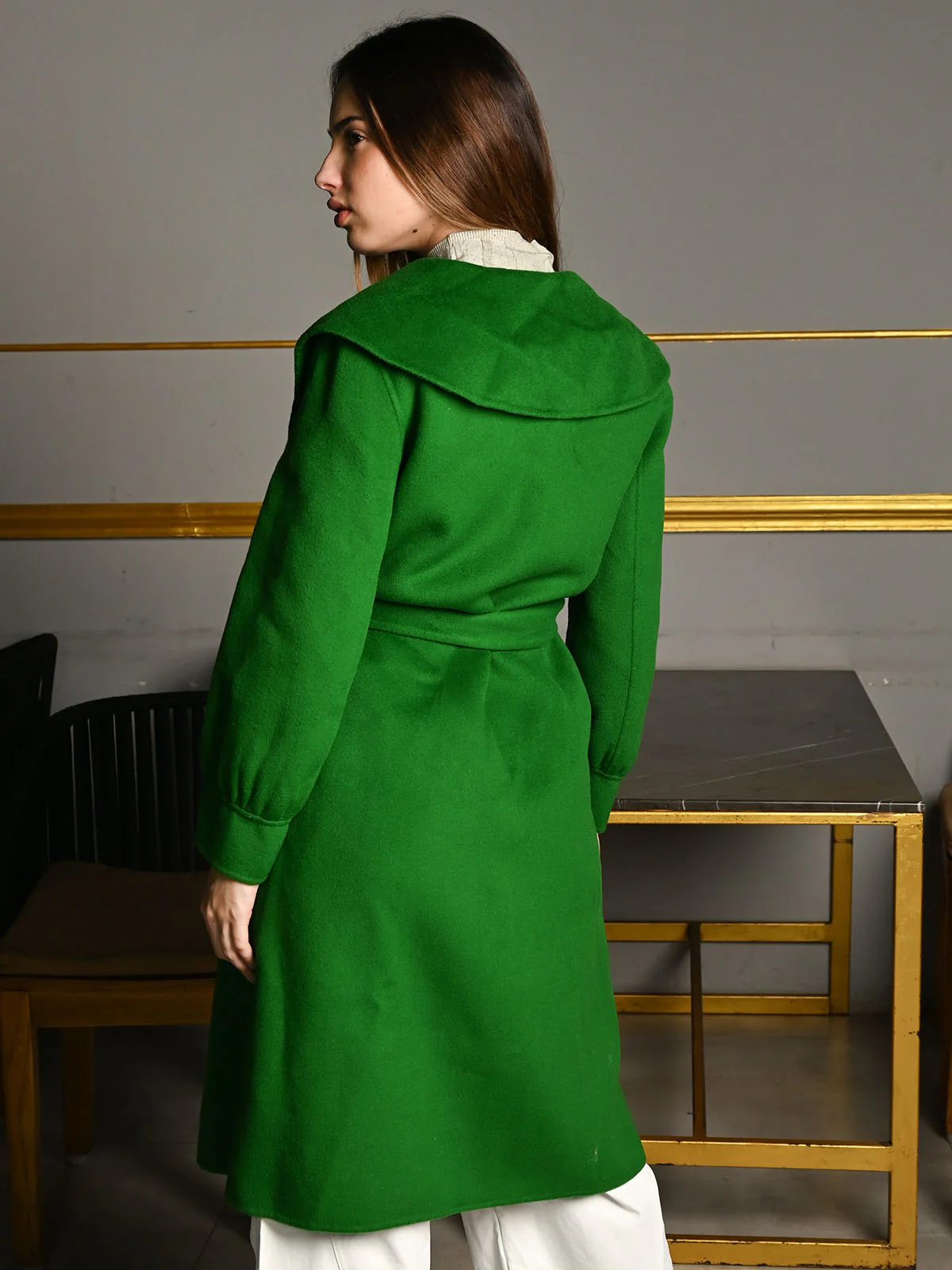 Odette Green Felt Solid Longline Overcoat With Belt For Women - Image 4