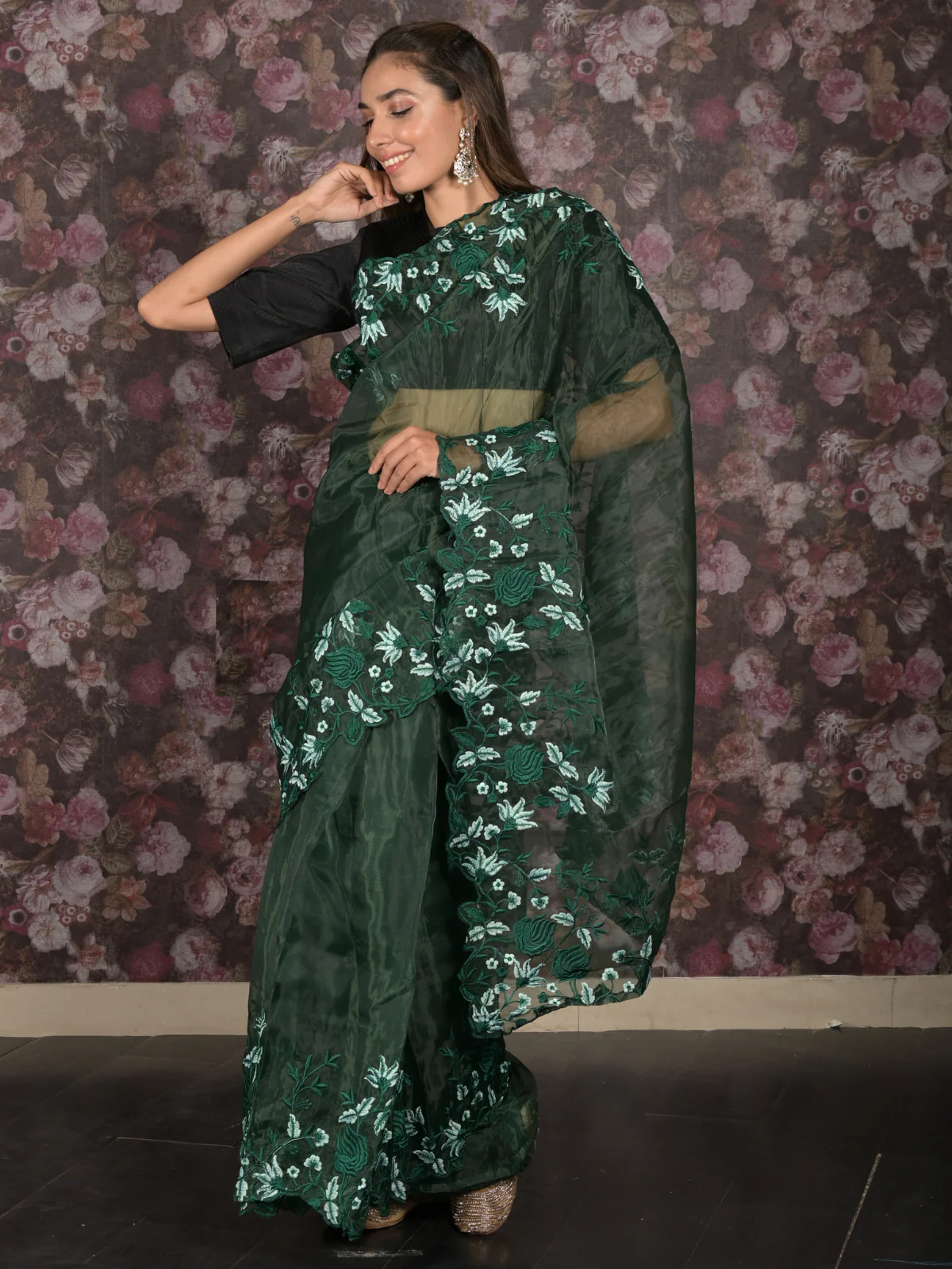 Odette Green Floral Embroidered Organza Saree with Unstitched Blouse for Women - Image 2