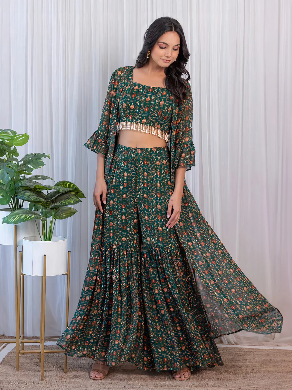 Odette Green Georgette Co-Ord Set With Shrug For Women - Image 2