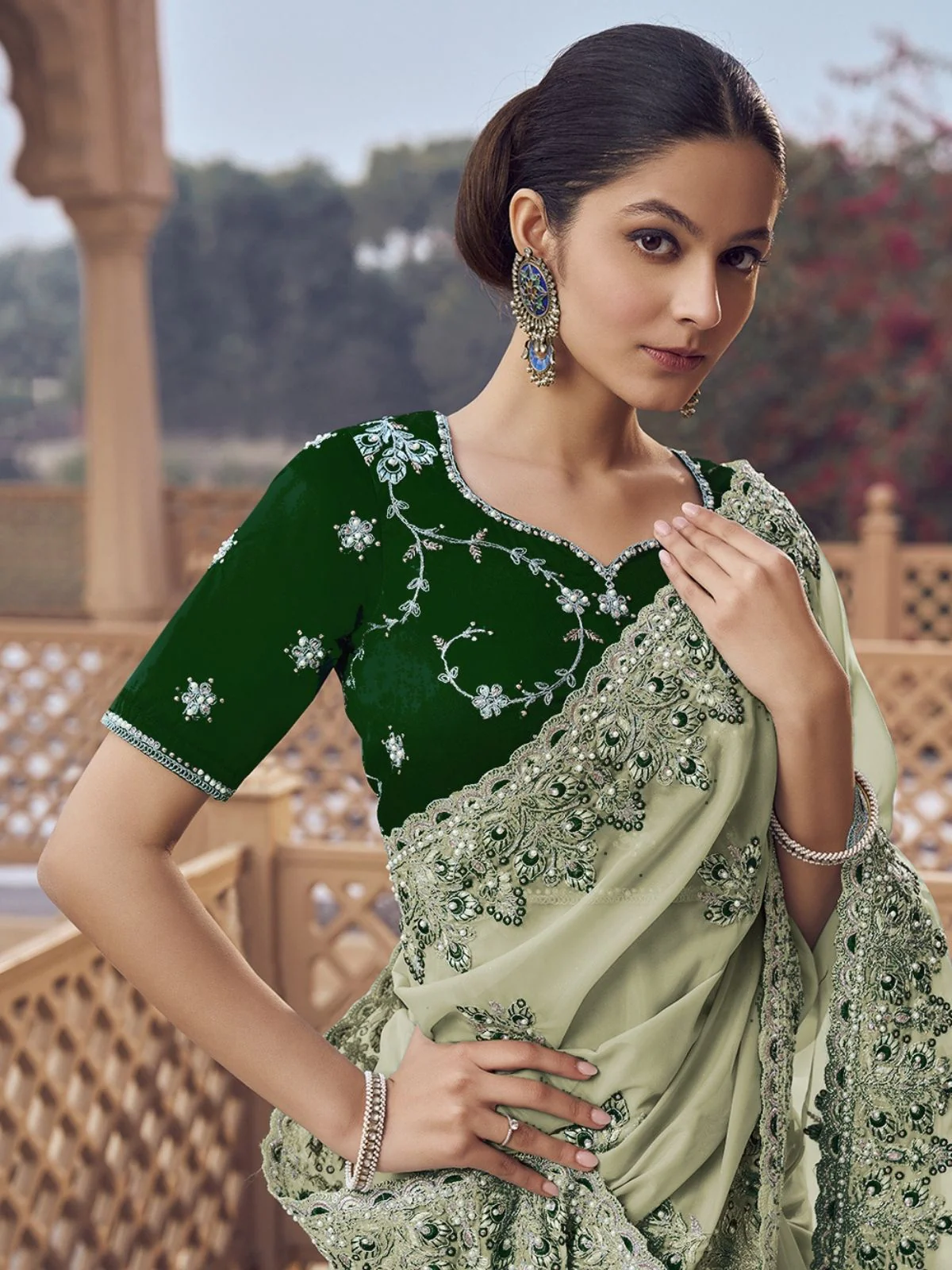 Odette Green Georgette Embellished Elegant Saree For Women - Image 3