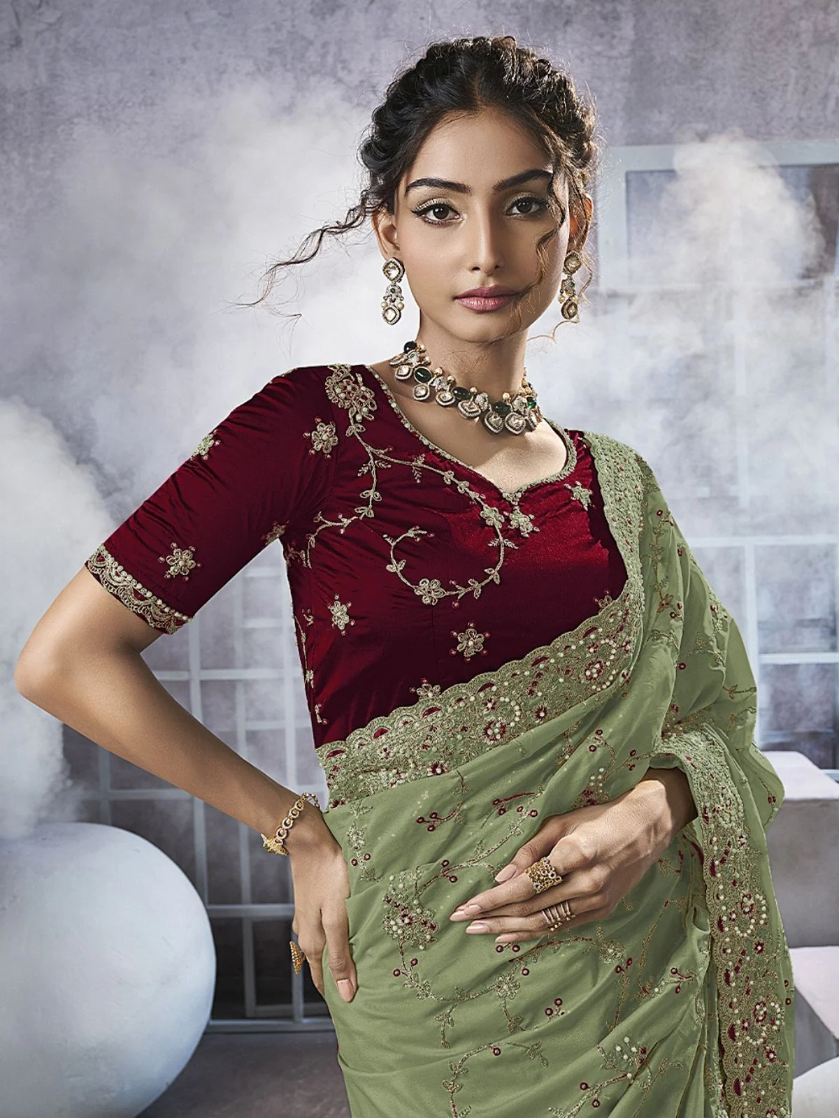 Odette Green Georgette Embellished Elegant Saree For Women - Image 2
