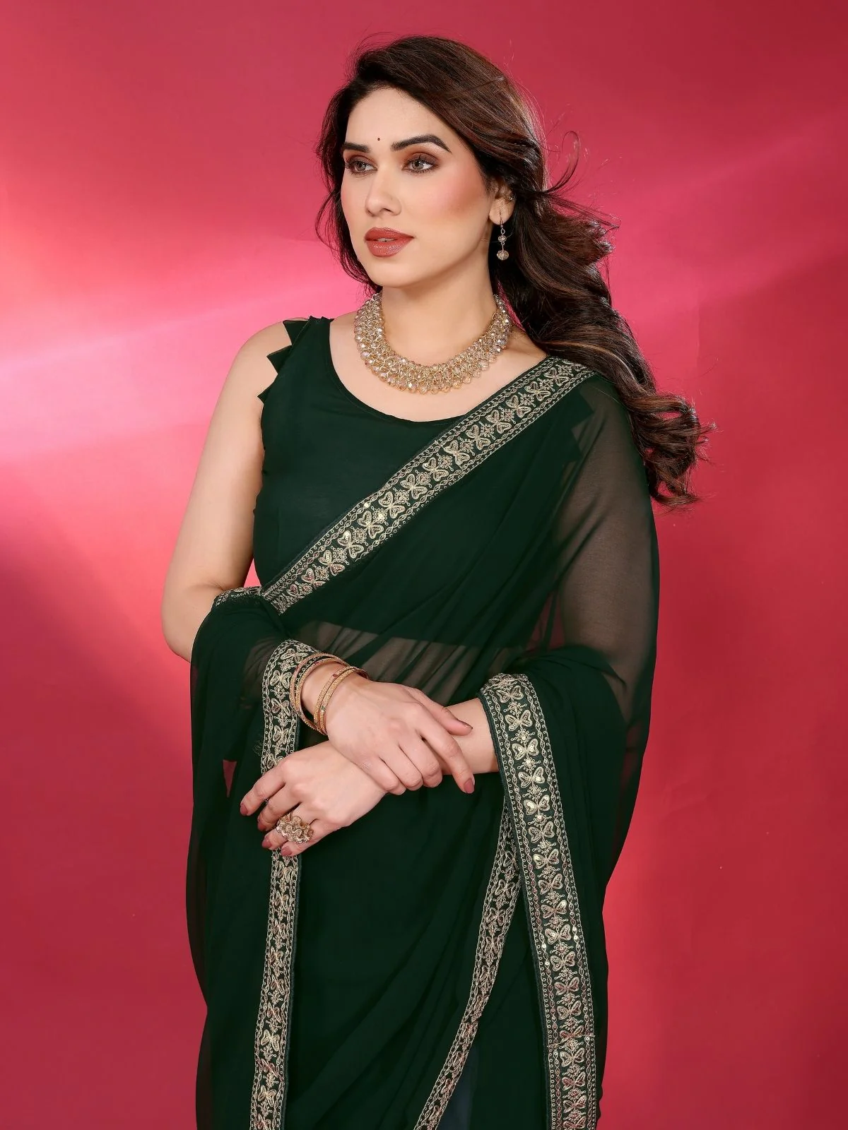 Odette Green Georgette Embellished Saree For Women - Image 4