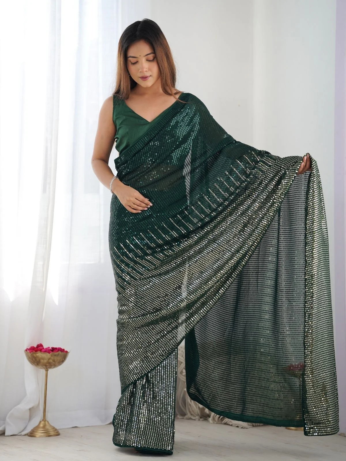 Odette Green Georgette Embellished Saree With Unstitched Blouse For Women - Image 2