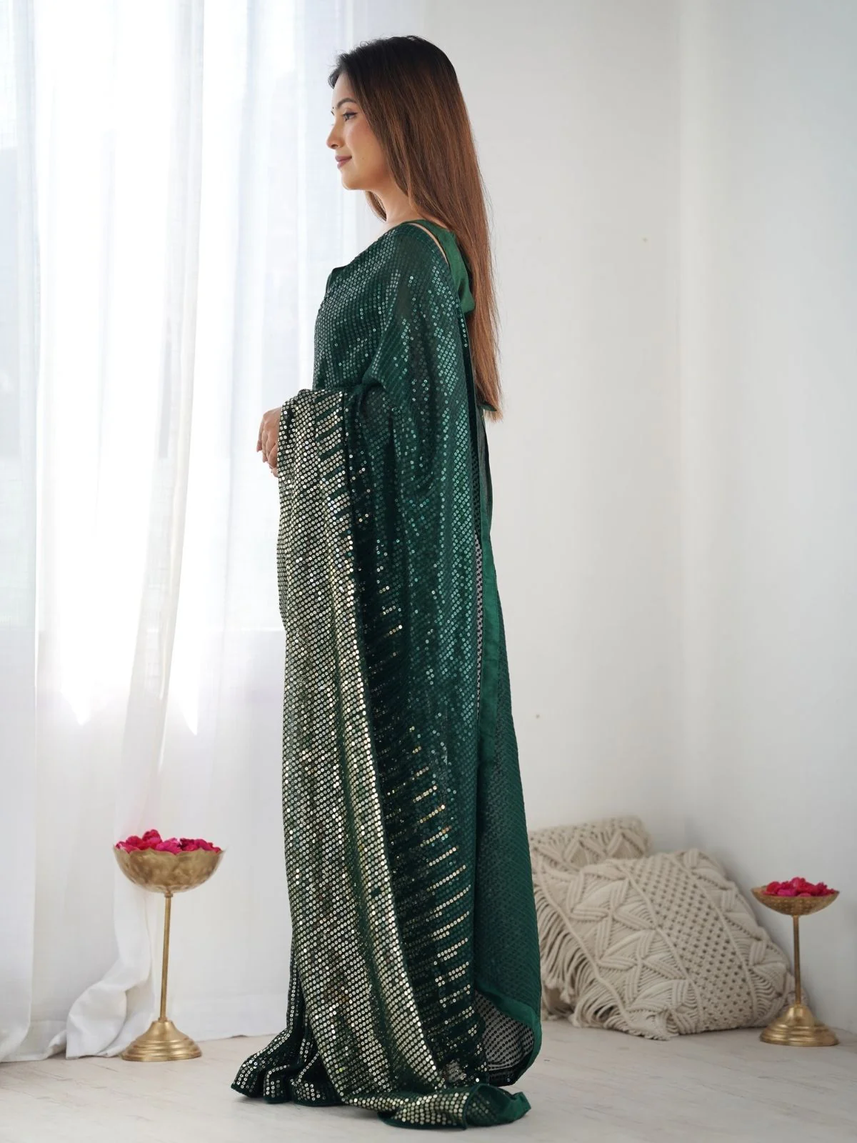 Odette Green Georgette Embellished Saree With Unstitched Blouse For Women - Image 3