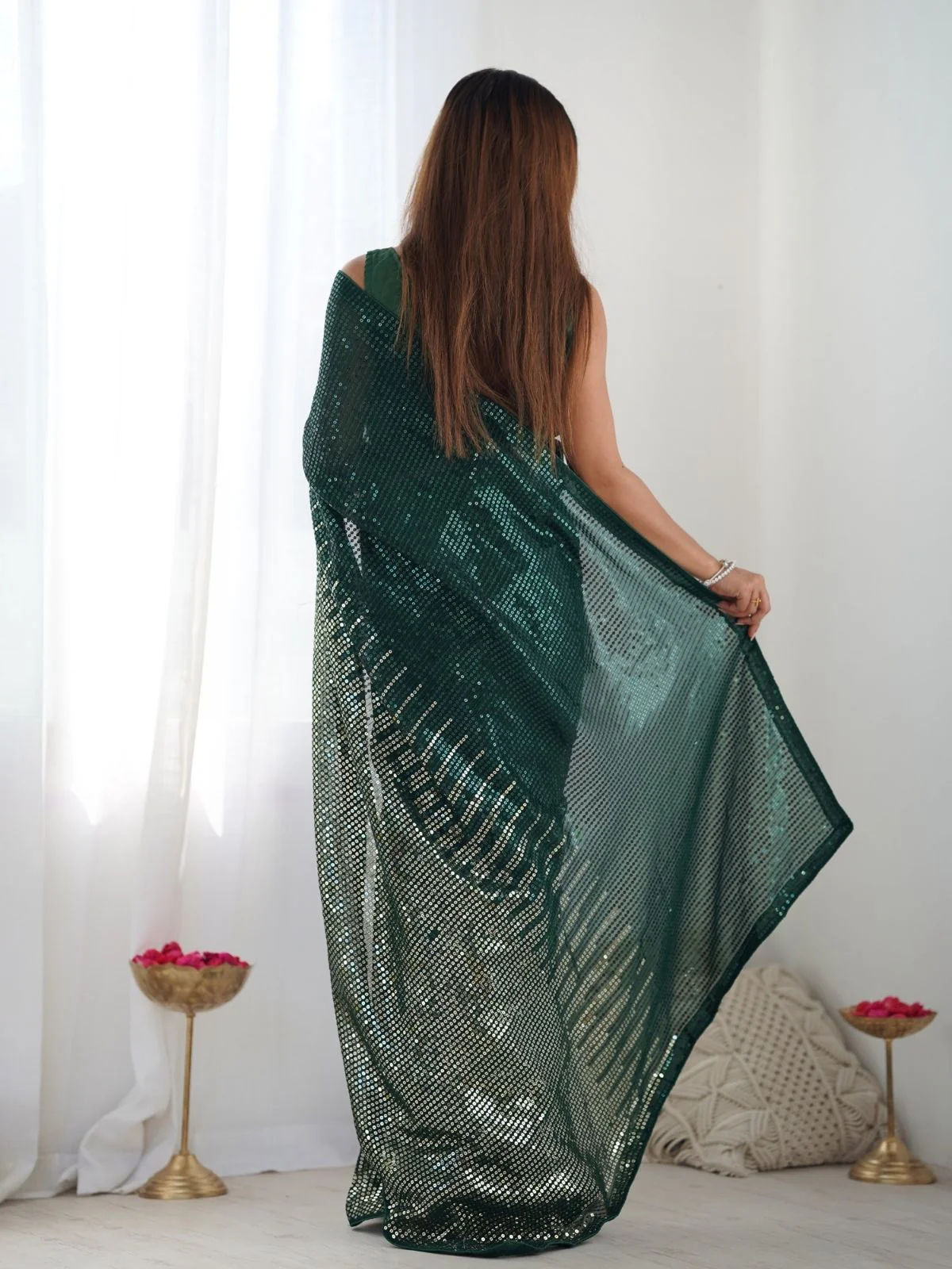 Odette Green Georgette Embellished Saree With Unstitched Blouse For Women - Image 4