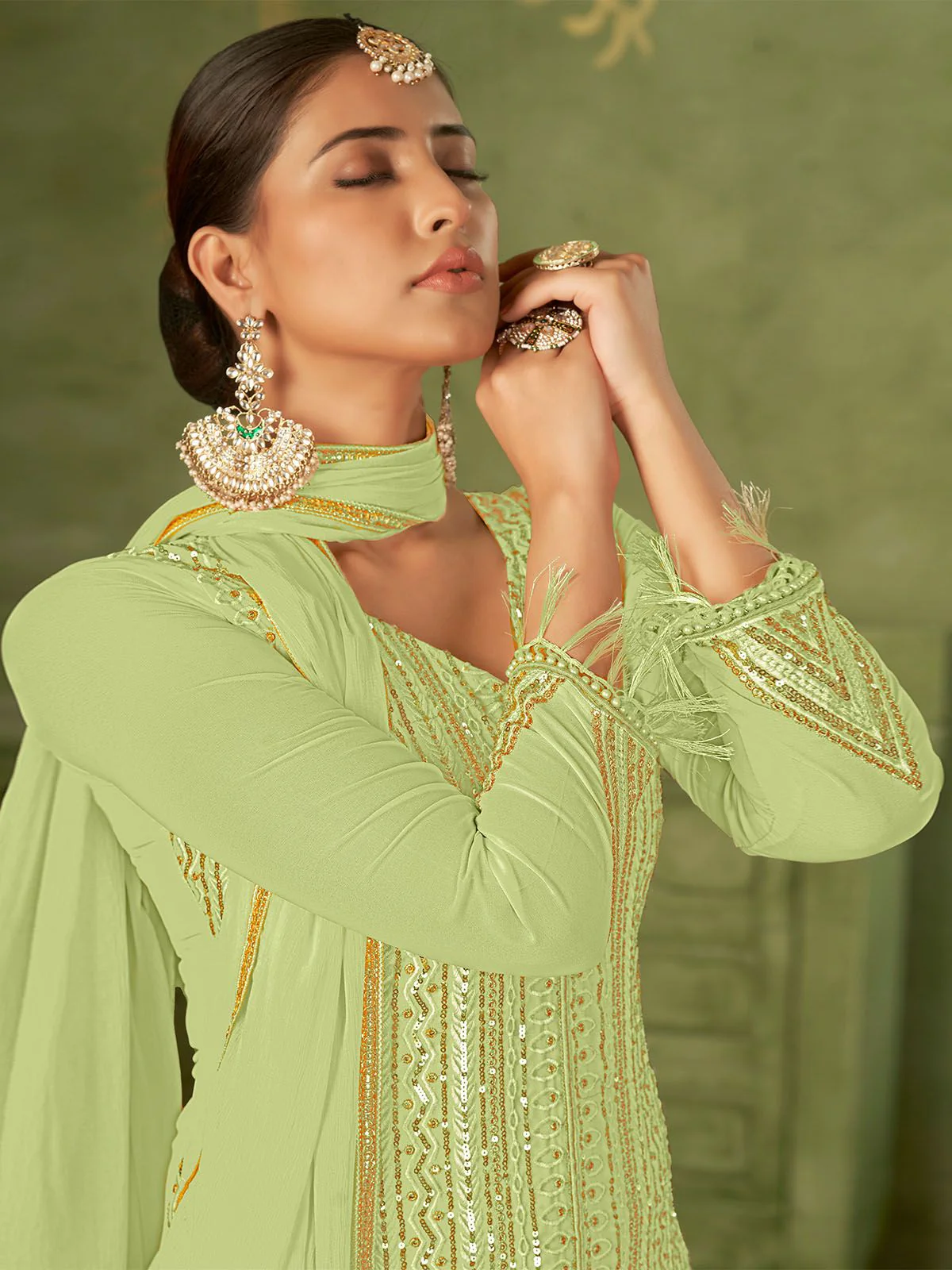 Odette Green Georgette Embellished Semi Stitched Kurta Set For Women - Image 2
