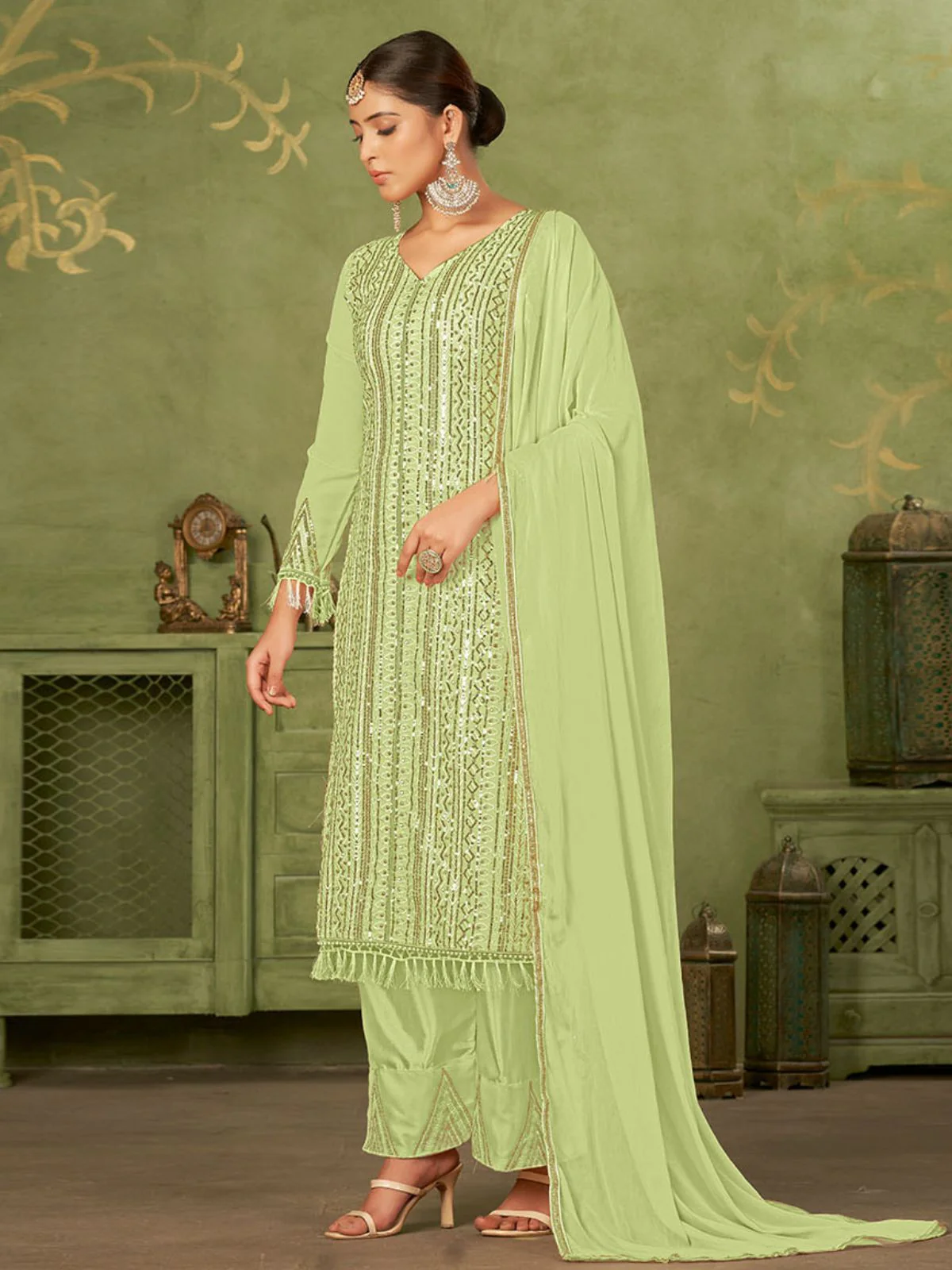 Odette Green Georgette Embellished Semi Stitched Kurta Set For Women - Image 3