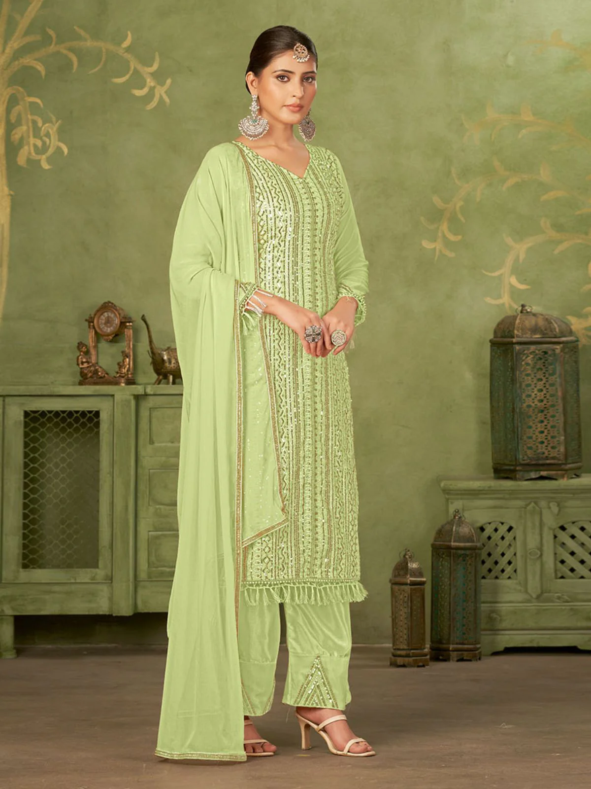Odette Green Georgette Embellished Semi Stitched Kurta Set For Women - Image 4