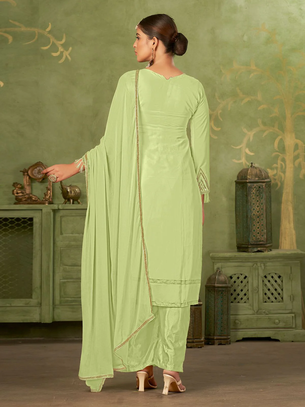 Odette Green Georgette Embellished Semi Stitched Kurta Set For Women - Image 5