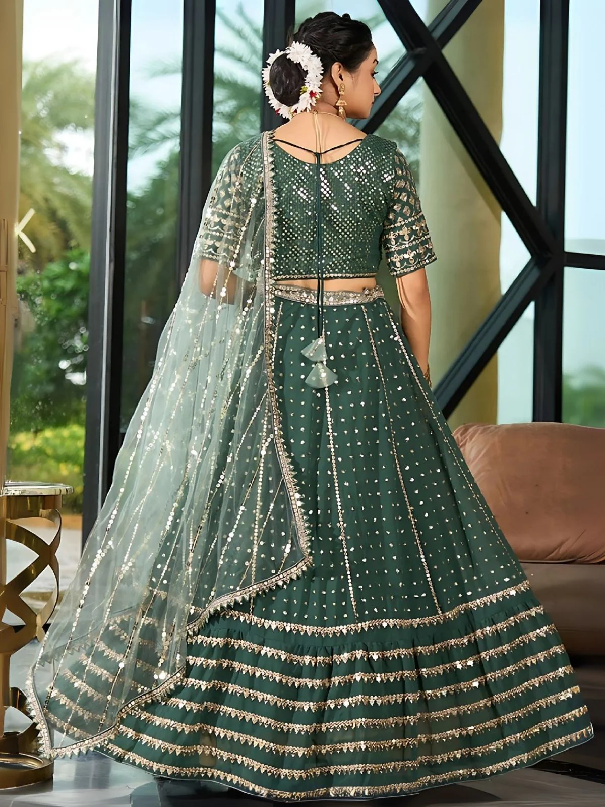 Odette Green Georgette Embellished Semi-Stitched Lehenga For Women - Image 2