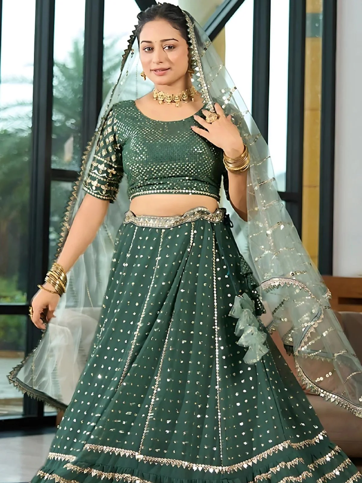 Odette Green Georgette Embellished Semi-Stitched Lehenga For Women - Image 3