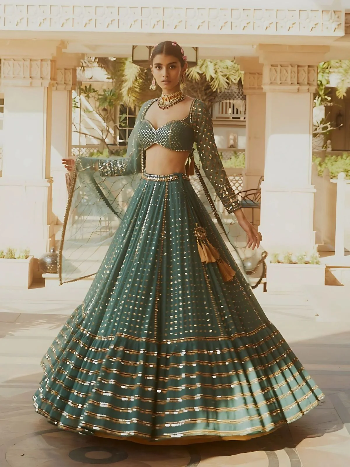 Odette Green Georgette Embellished Semi-Stitched lehenga For Women