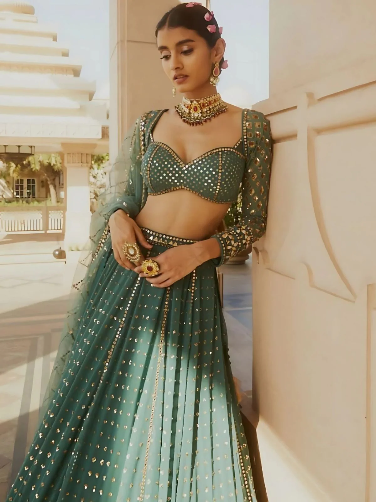 Odette Green Georgette Embellished Semi-Stitched lehenga For Women - Image 3