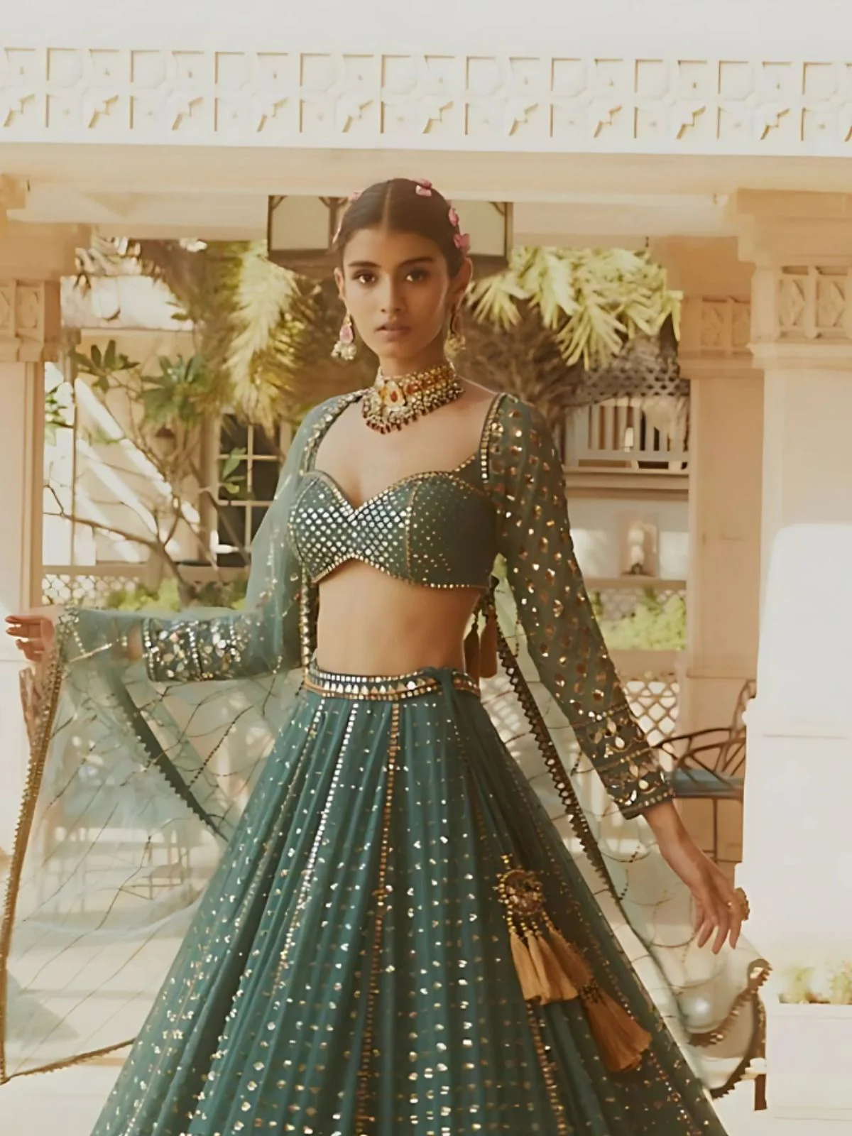 Odette Green Georgette Embellished Semi-Stitched lehenga For Women - Image 4