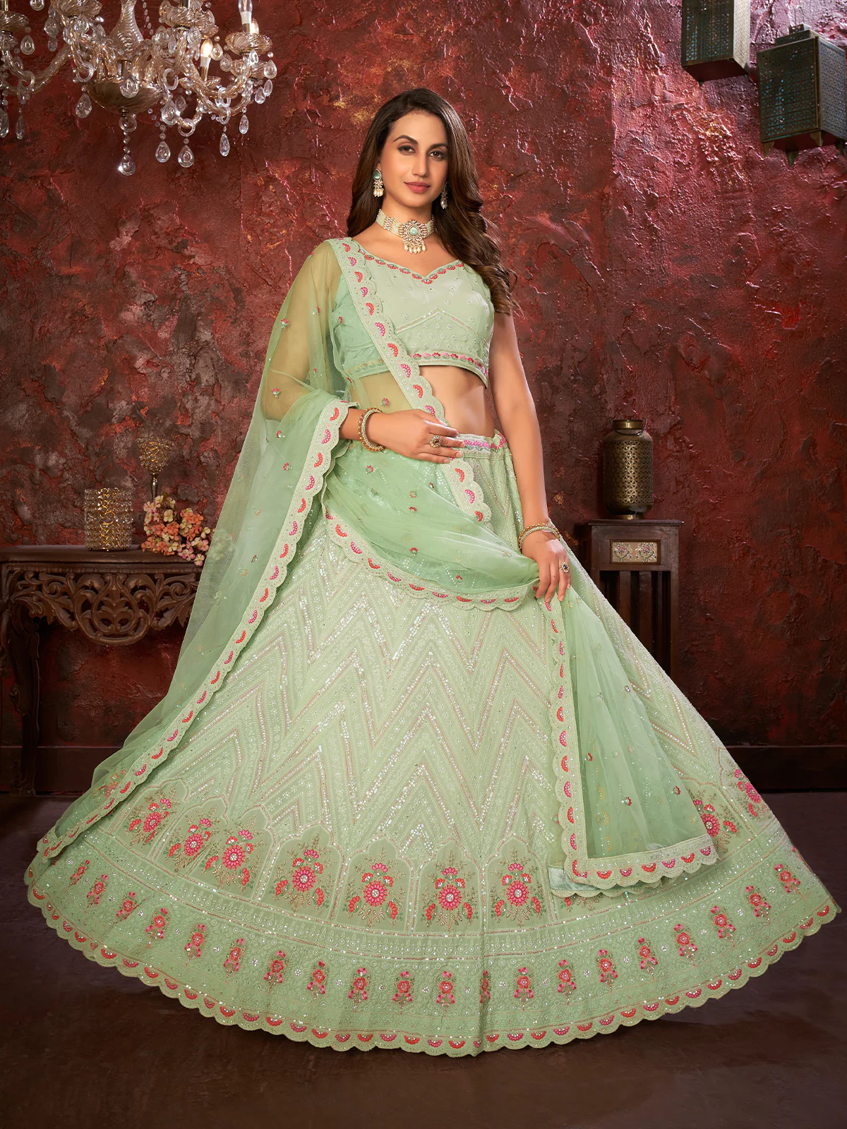 Odette Green Georgette Embellished Semi Stitched Lehenga With Unstitched Blouse for Women - Image 2