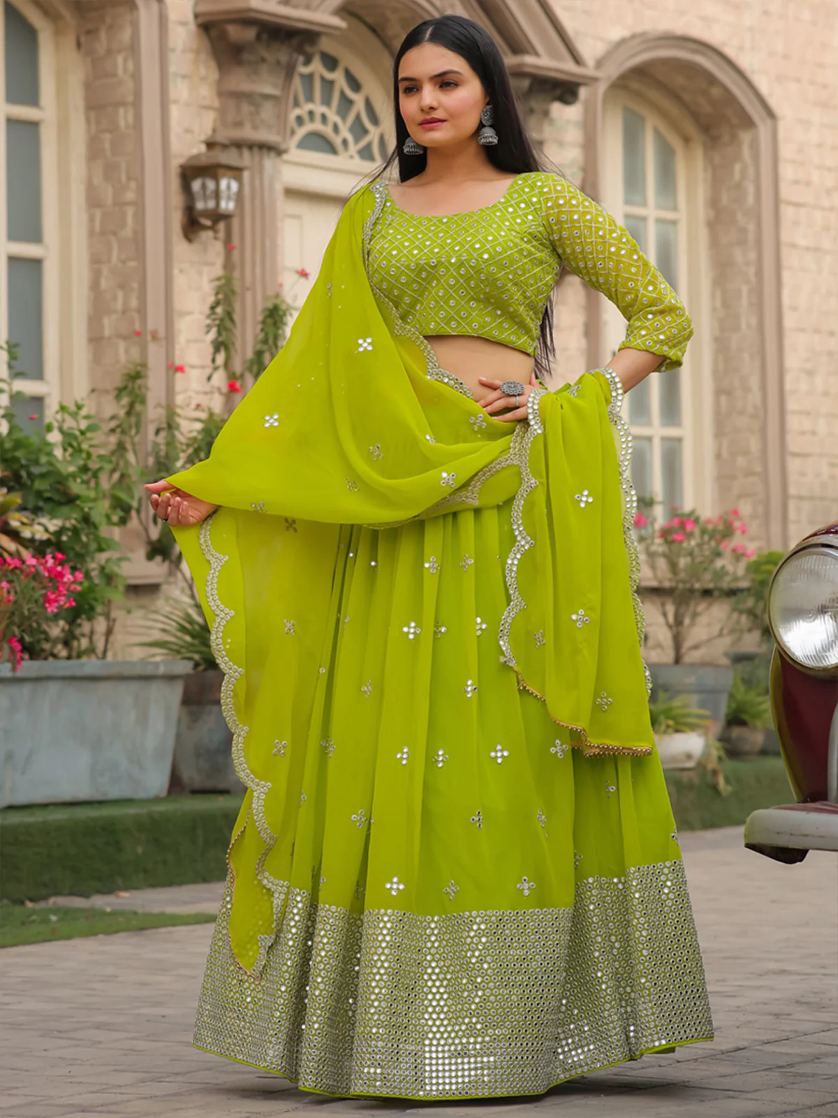 Odette Green Georgette Embellished Semi Stitched Lehenga With Unstitched Blouse For Women - Image 3